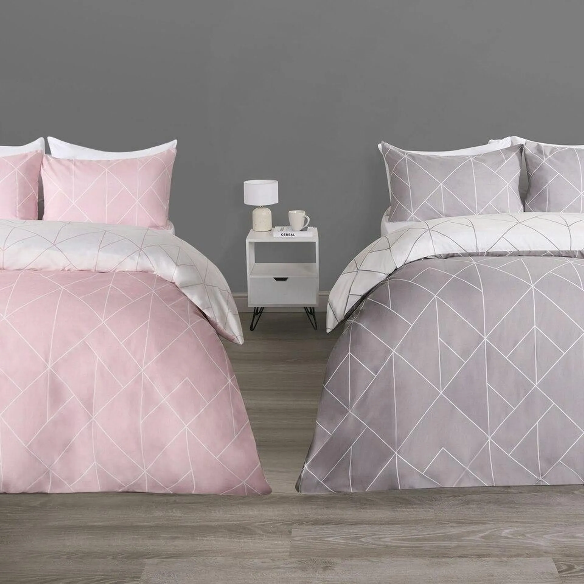 OHS Geometric Print Reversible Microfibre Duvet Cover Twin Pack Bedding Set, Super King - Blush Pink/Grey