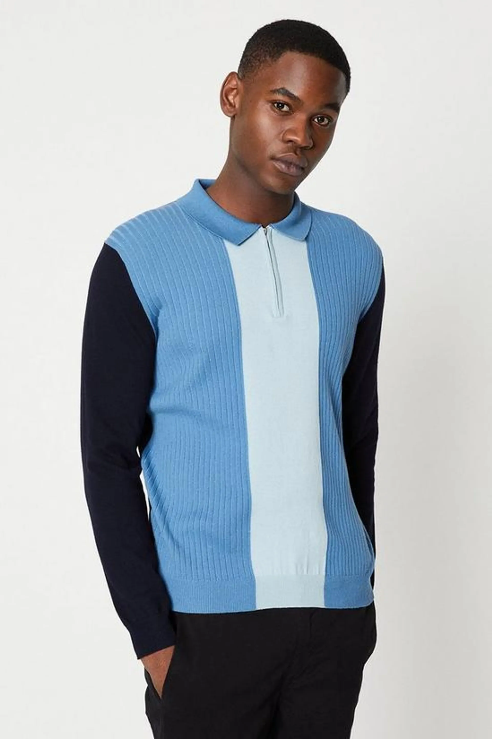 Block Rib Long Sleeve Zip Polo