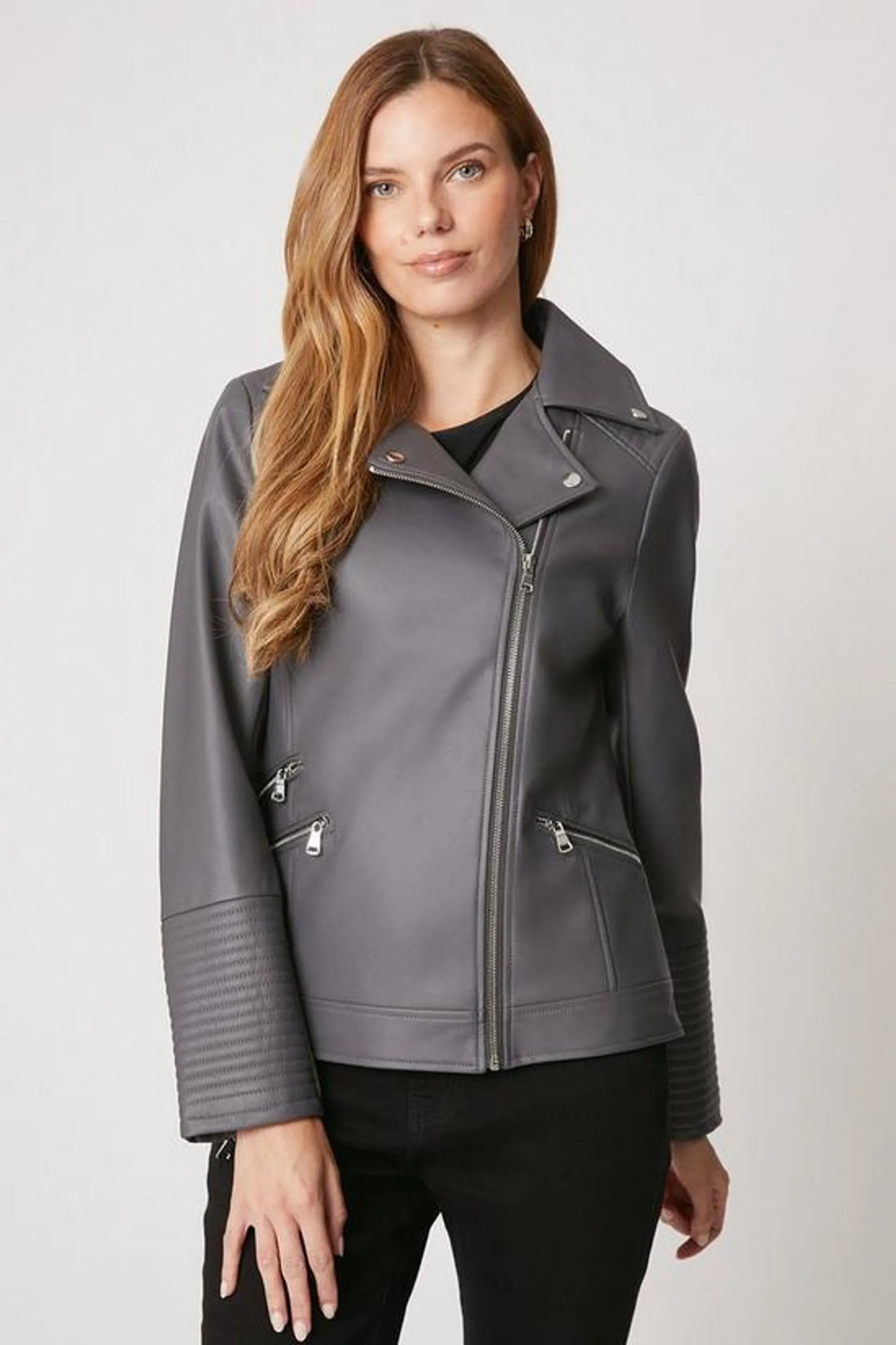 Dark Grey Faux Leather Biker Jacket