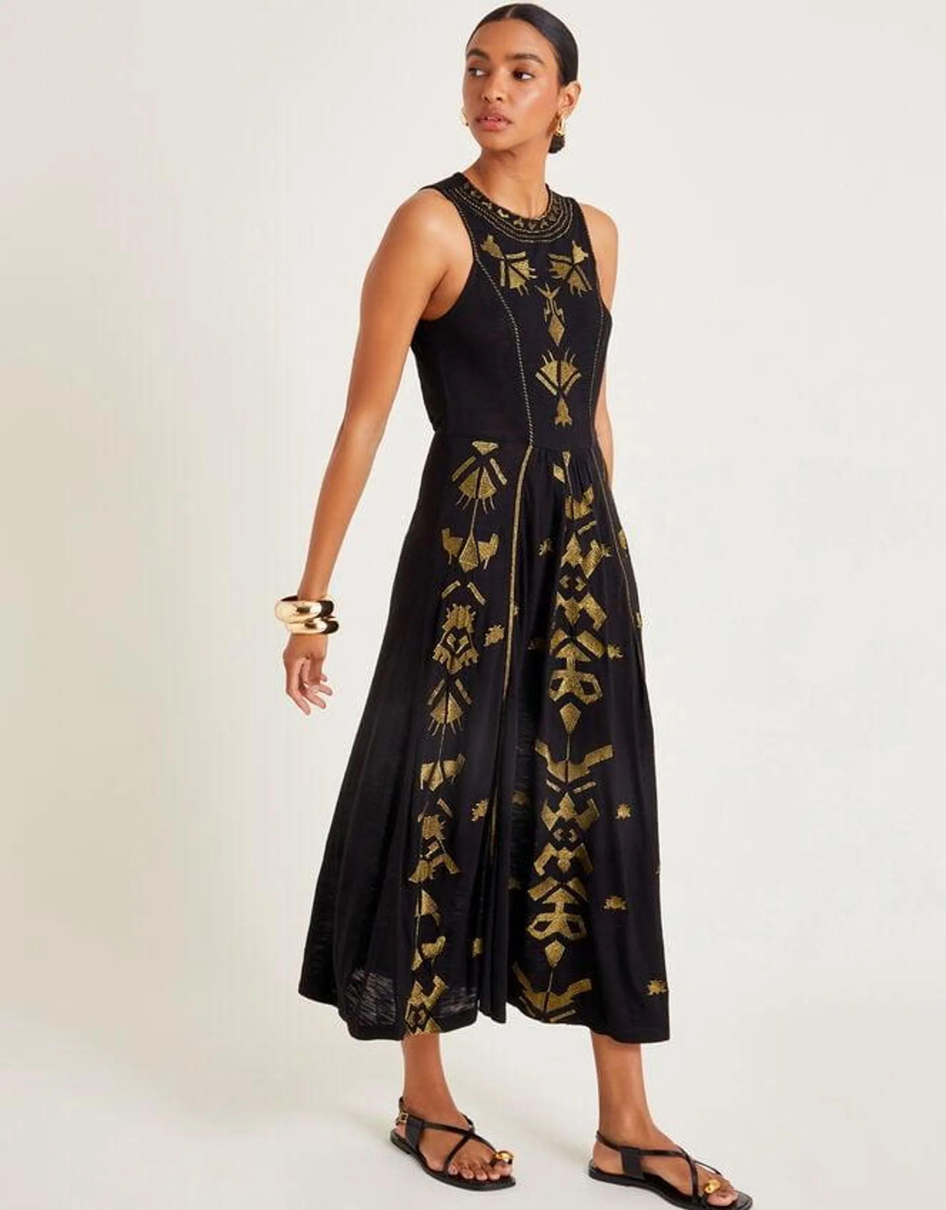 Mimi Metallic Embroidered Midi Dress Black