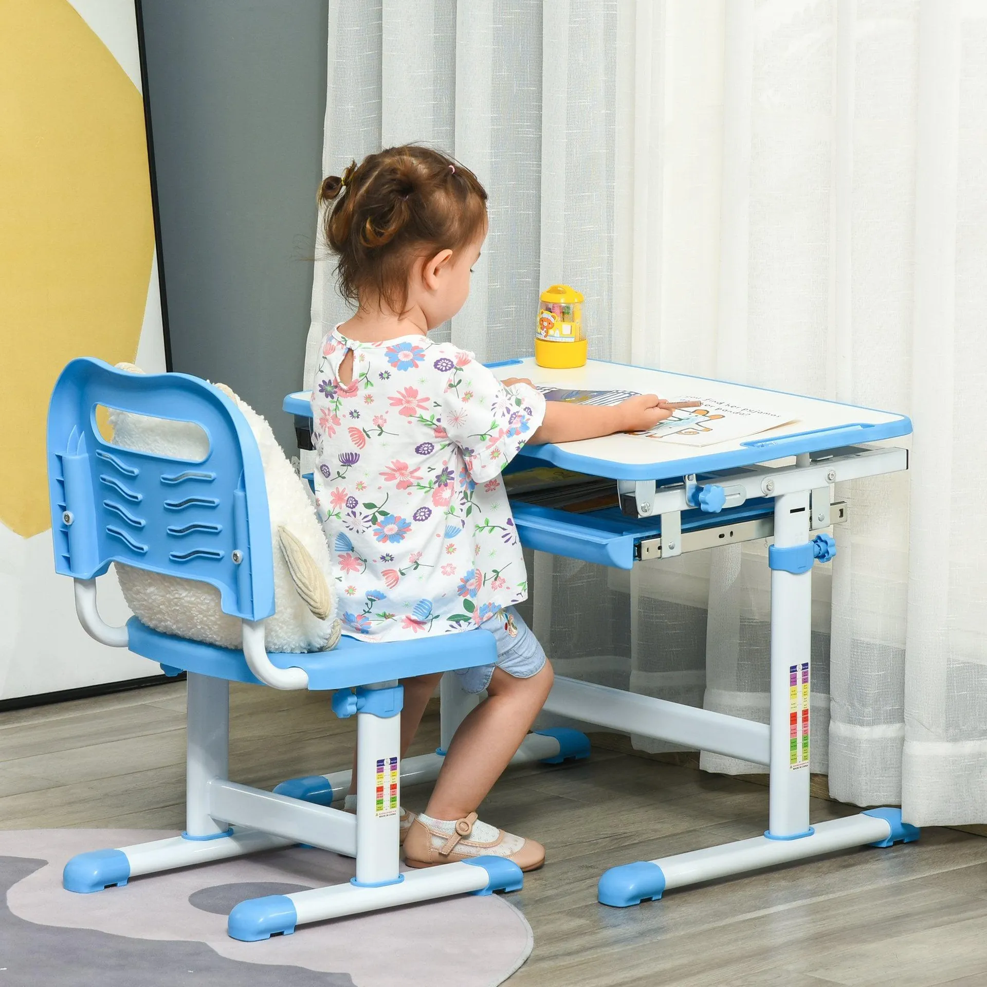 Kids Desk and Chair Set Height Adjustable Student Writing Desk Children School Study Table with Tiltable Desktop, Drawer, Pen Slot, Hook Blue Drawer Slot