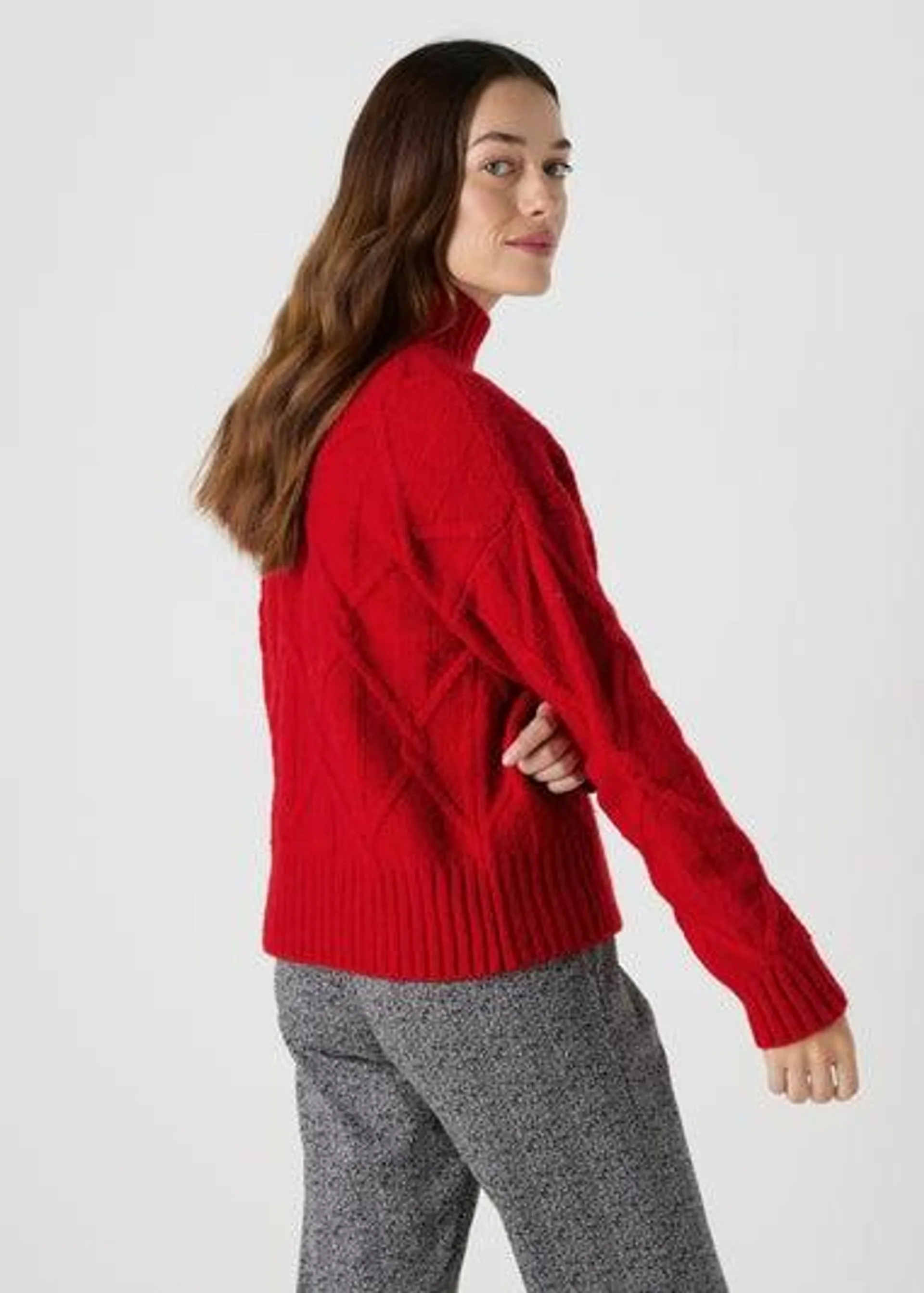 Red Cable Knit High Neck Jumper