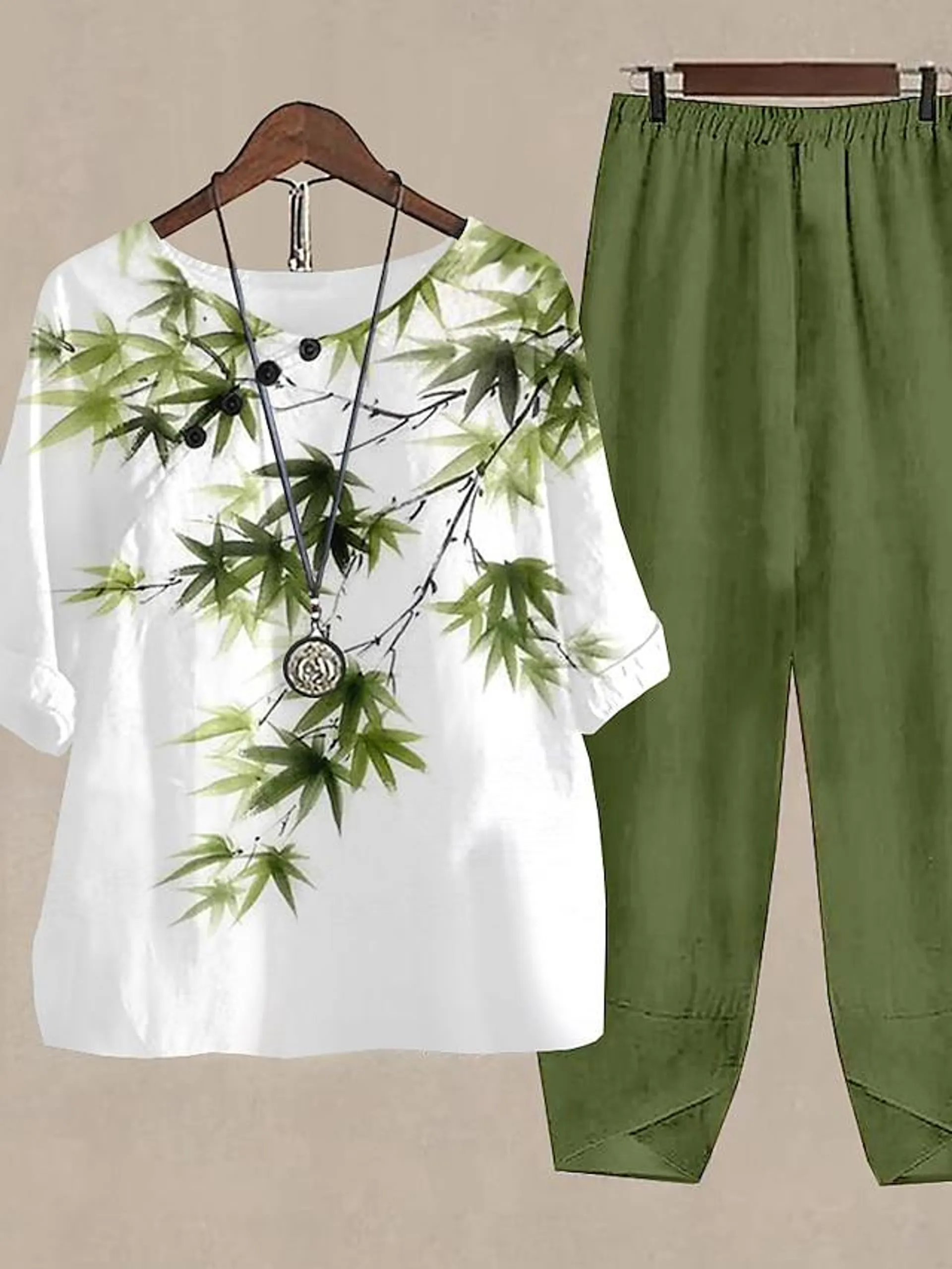Women's Shirt Pants Sets Floral Holiday Weekend Army Green Blue Purple Print Half Sleeve Basic Round Neck Regular Fit Fall & Winter