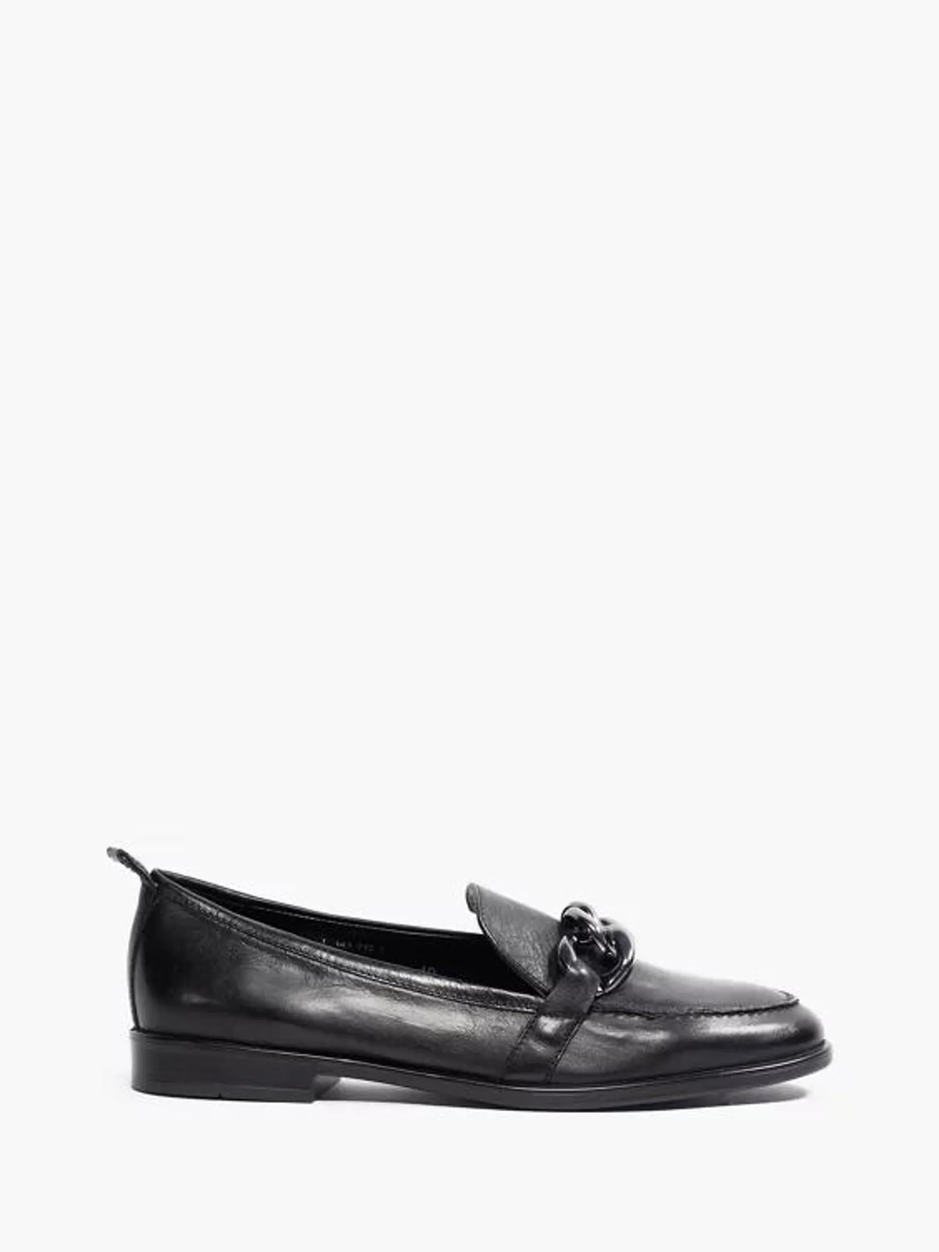 Black Leather Flat Loafer with Chain Detail