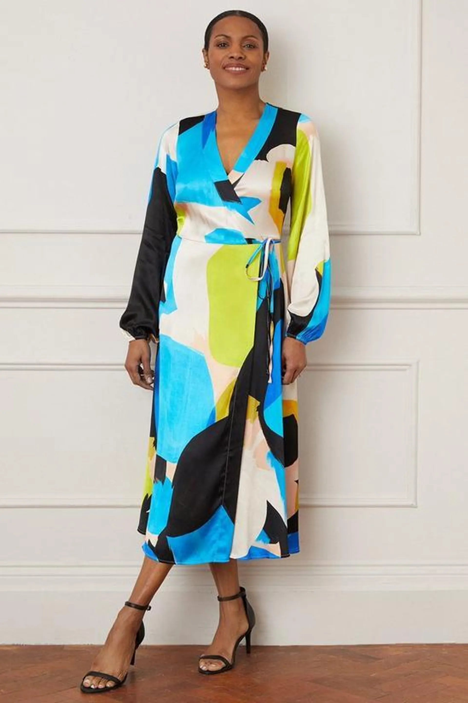 Abstract Satin Wrap Midi Dress