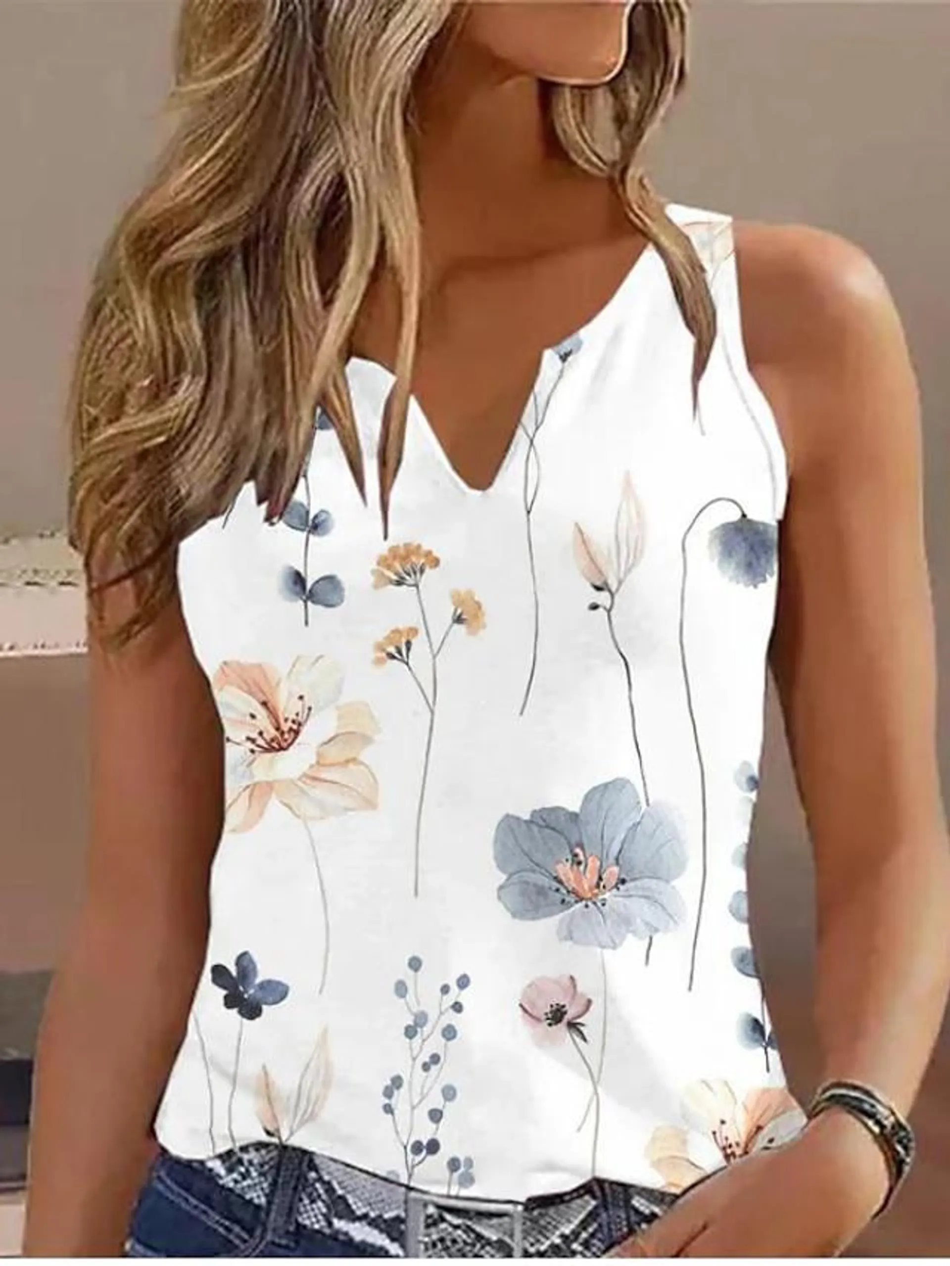 Women's Tank Top White Blue Gray Floral Print Sleeveless Casual Holiday Basic V Neck Regular Floral S