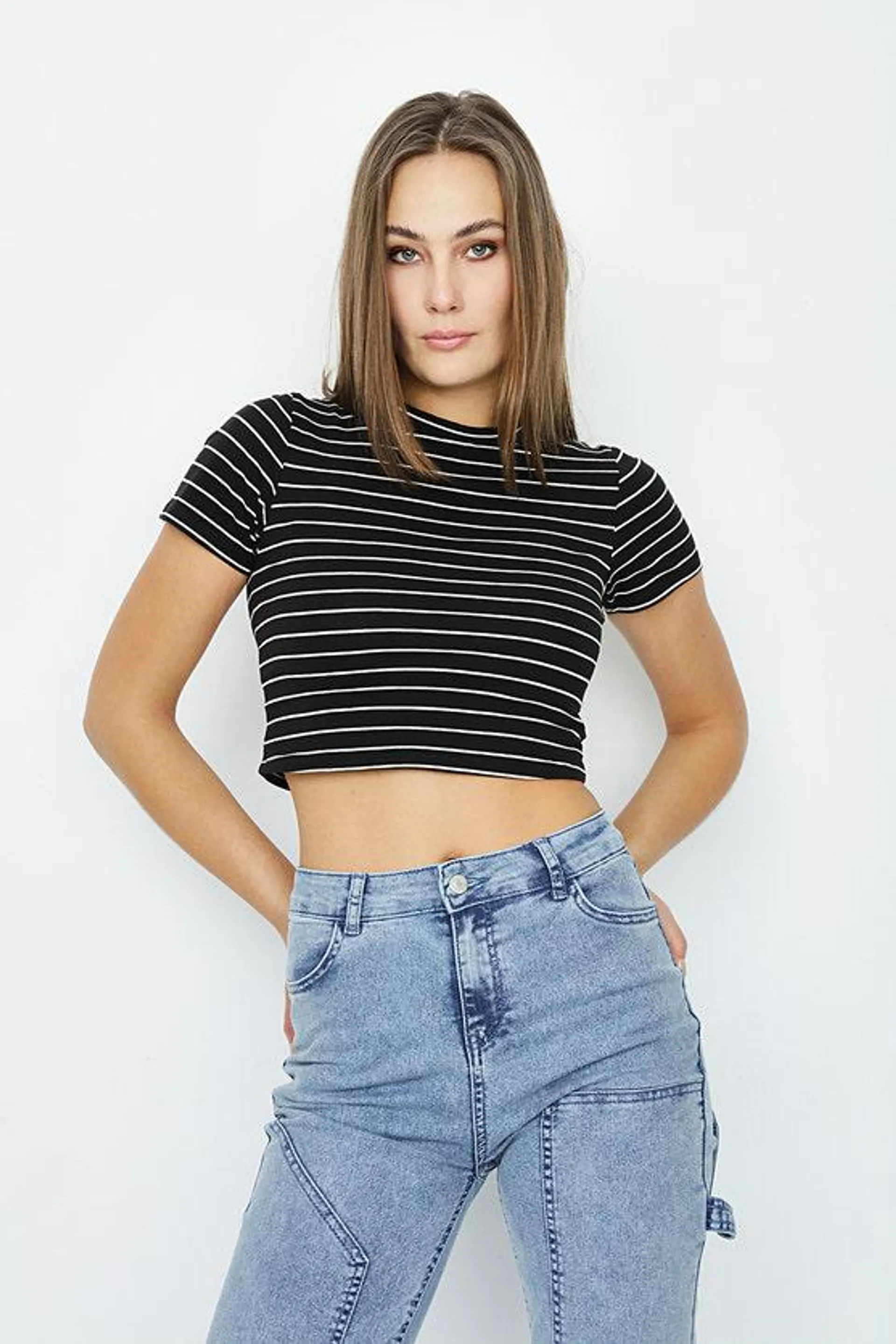 Mono Stripe Fitted Crop Tee