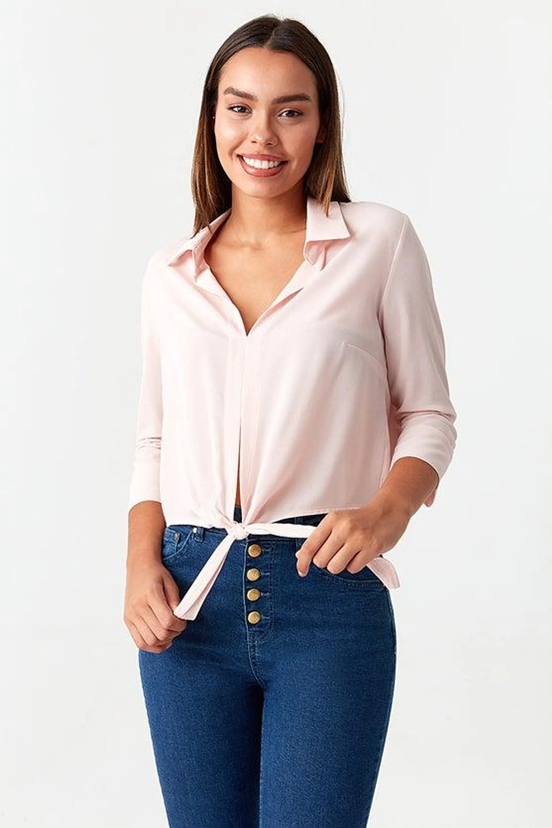 NUDE PINK TIE FRONT WOVEN SHIRT