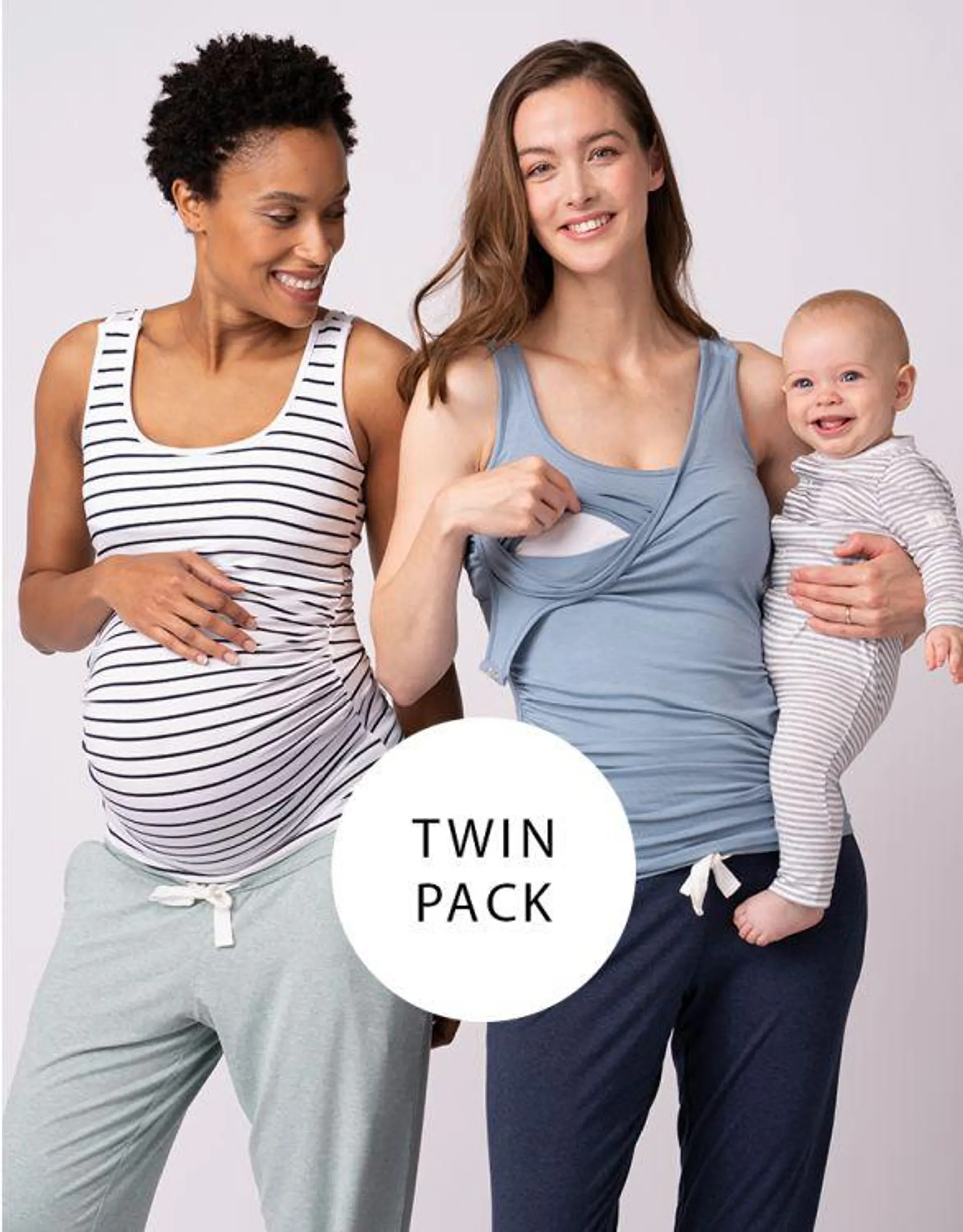Two Pack Essential Maternity to Nursing Vest Tops in Blue & Stripe