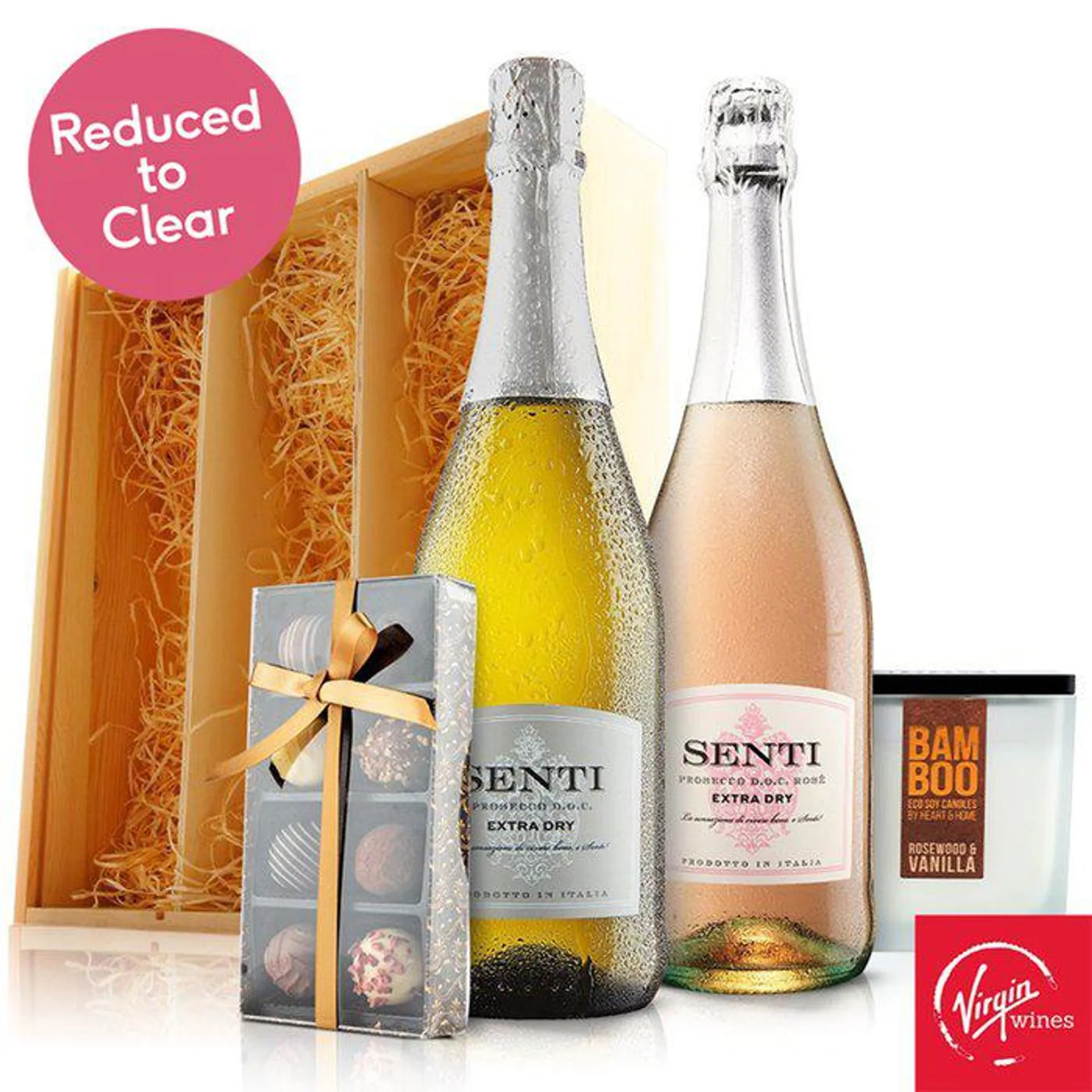 Virgin Wines Prosecco Duo, Chocolates and Candle in Wooden Gift Box
