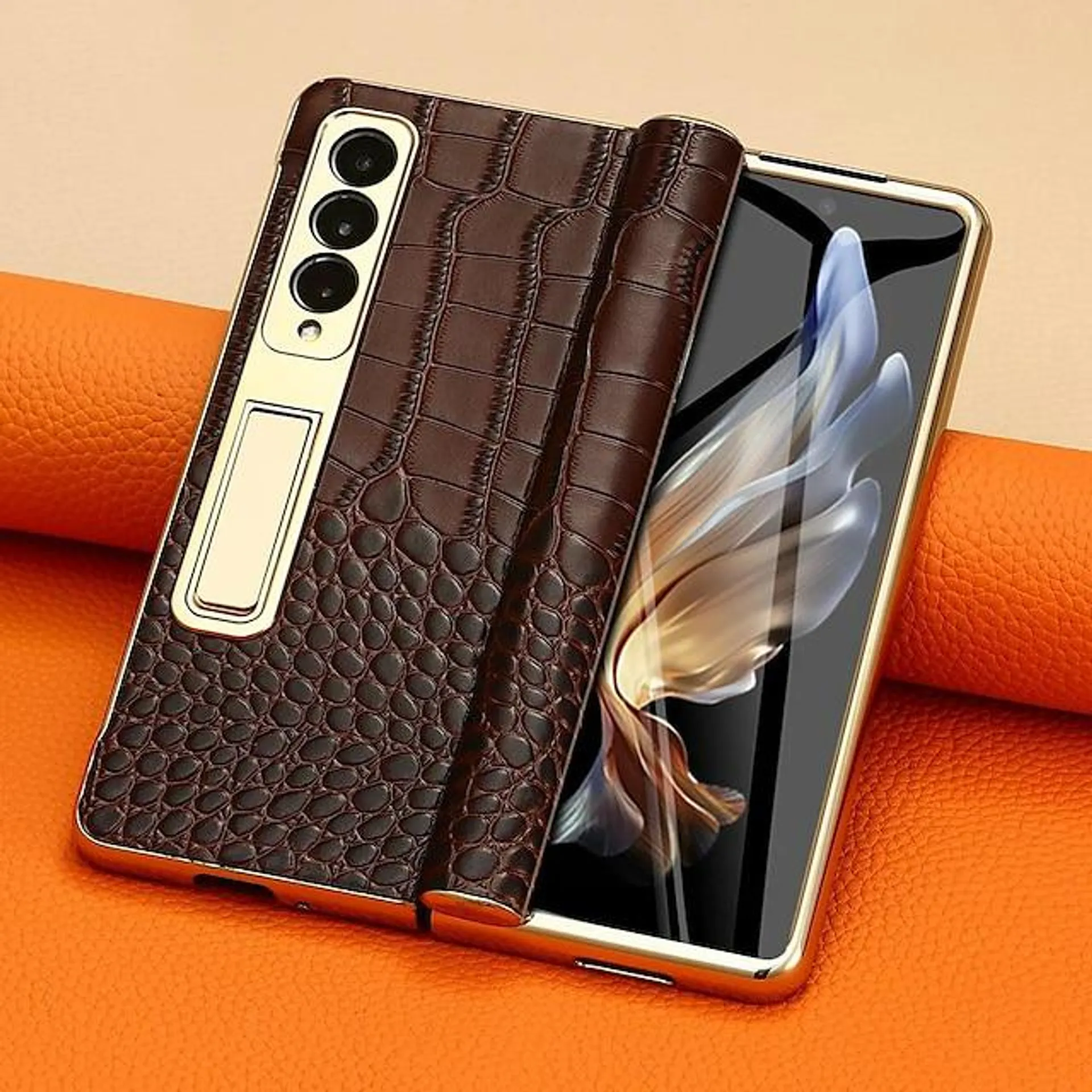 Phone Case For Samsung Galaxy Z Fold 5 Z Fold 4 Z Fold 3 Back Cover Camera Lens Protector Kickstand Shockproof Retro Genuine Leather