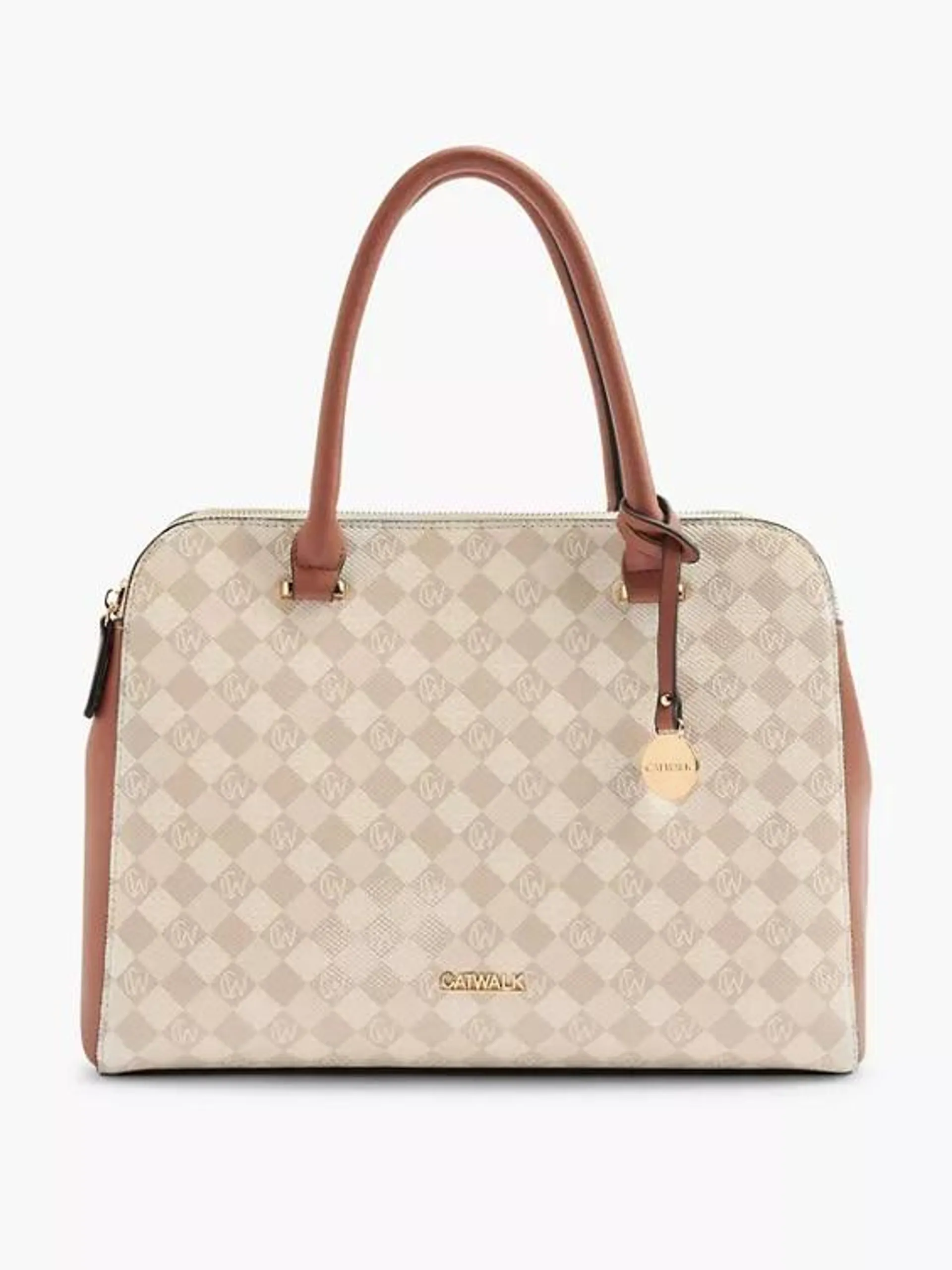 Beige Monogram Handbag with Metal Charm