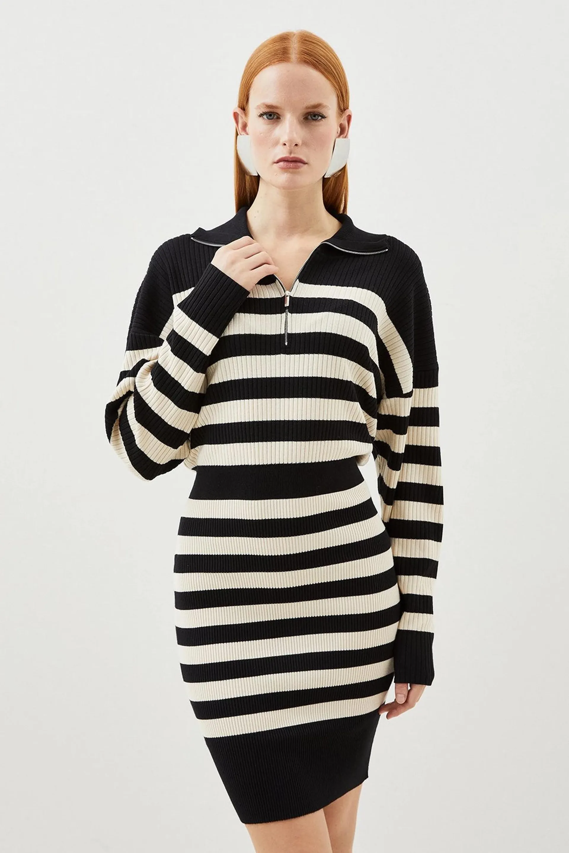 Viscose Blend Fly Collar Rib Knit Stripe Mini Dress