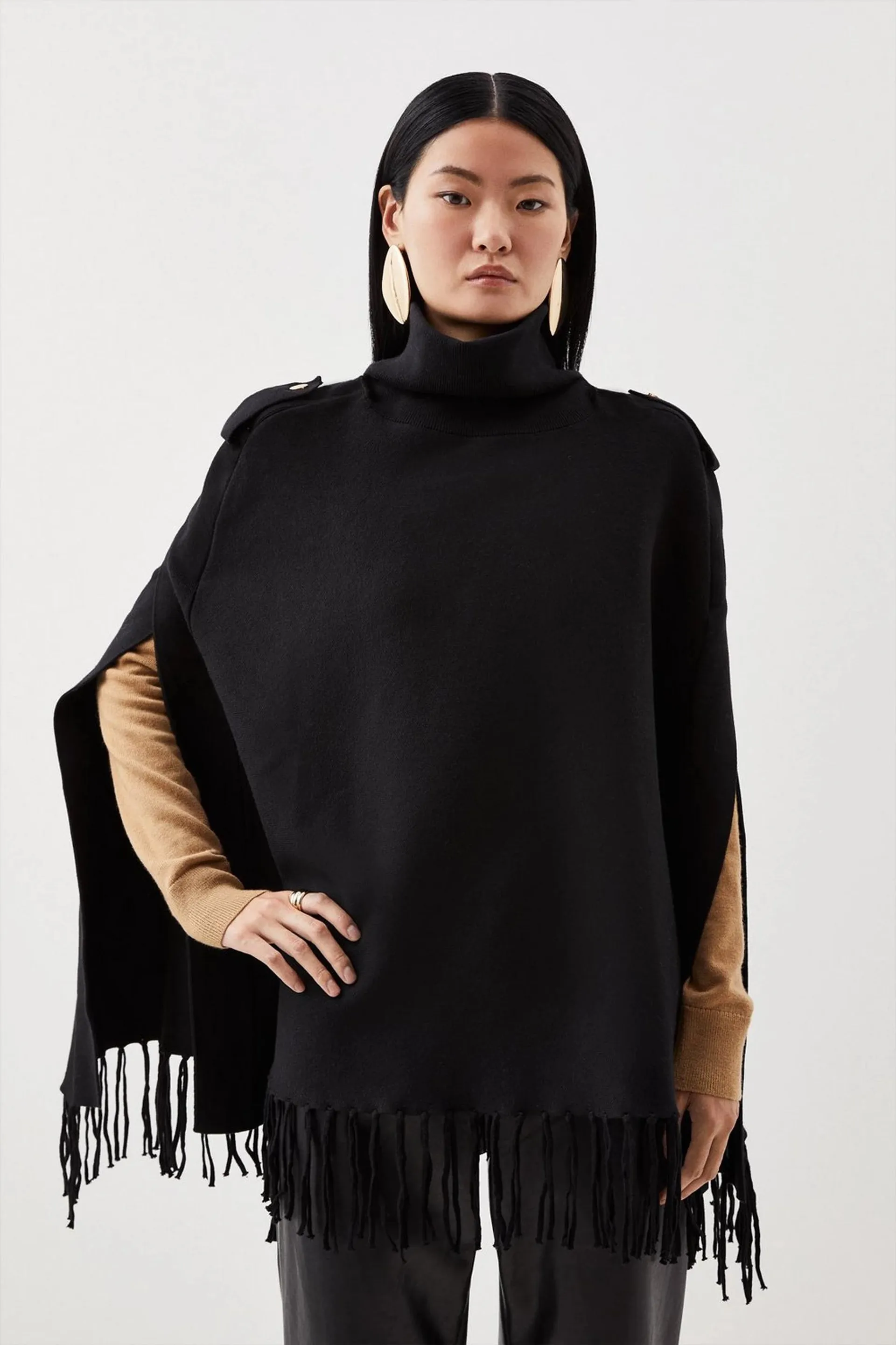 Viscose Blend Fringe Trim Knit Poncho