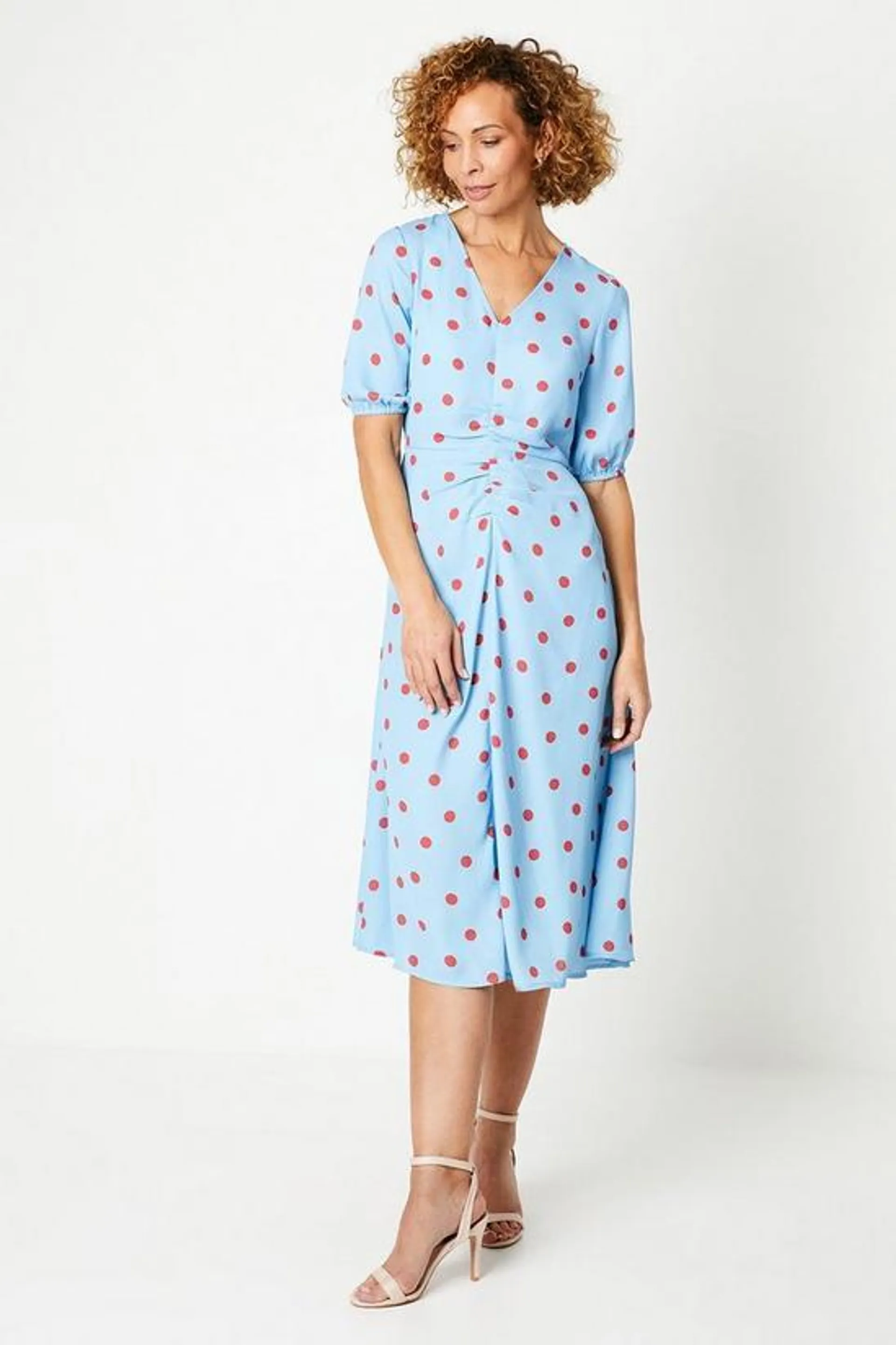 Printed V Neck Ruched Front Midi Tea Dress