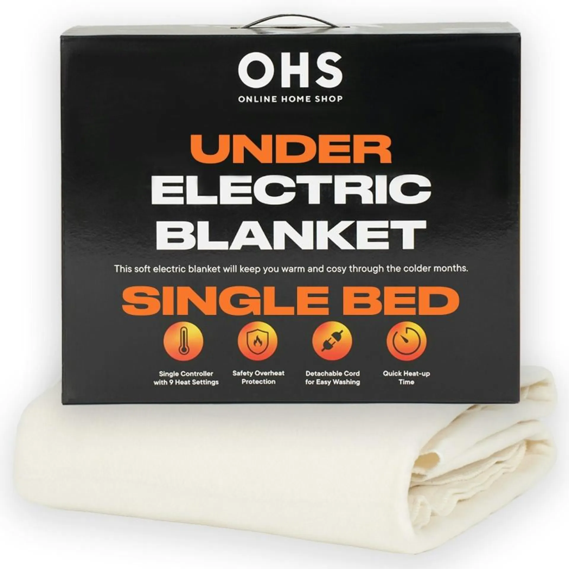 OHS Electric Under Blanket Heated Remote Control 3 Heat Fleece, Single - White