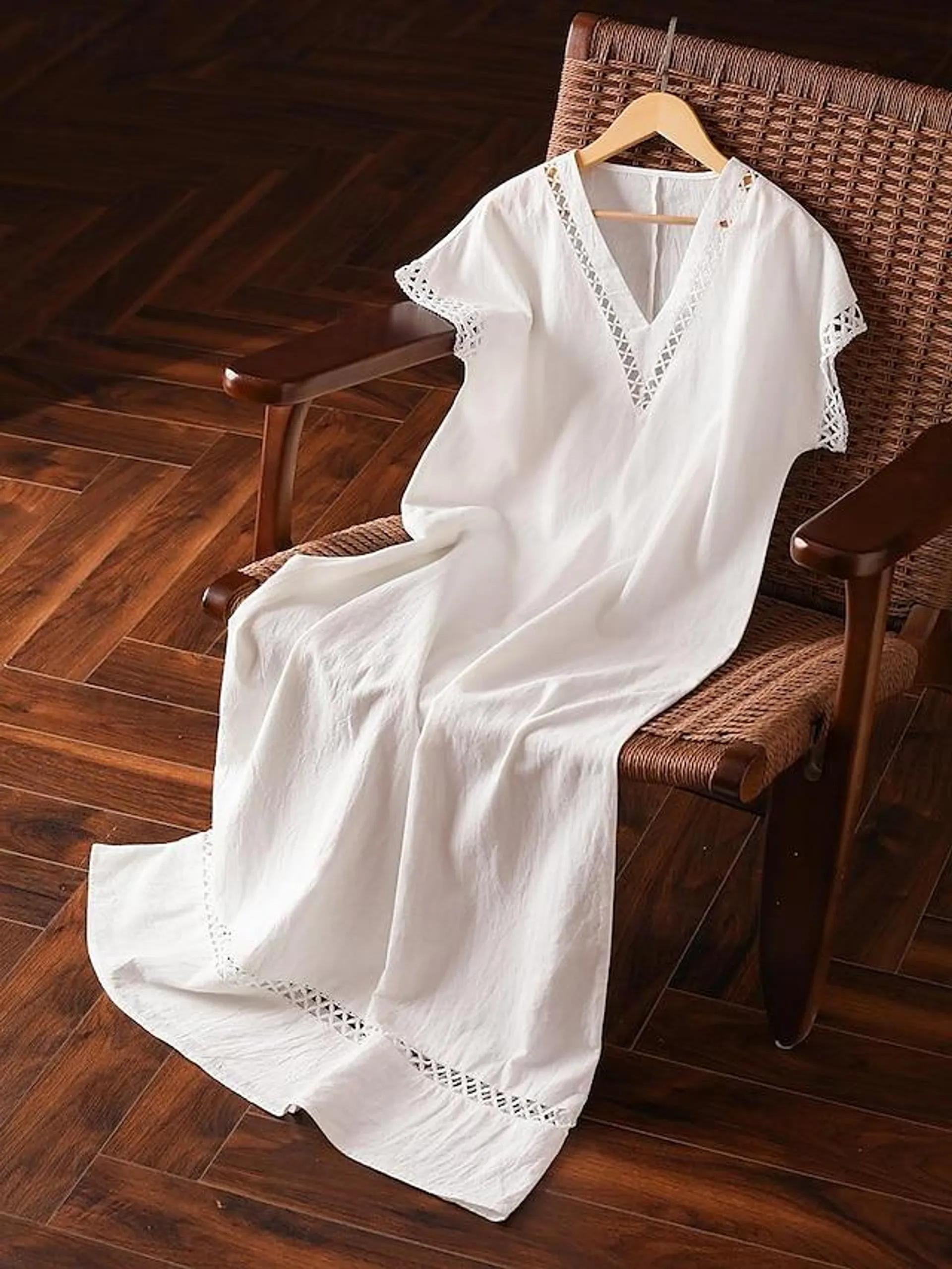 Women's Cotton Linen Dress Knee Length Dress V Neck Short Sleeve Summer Spring Fall White