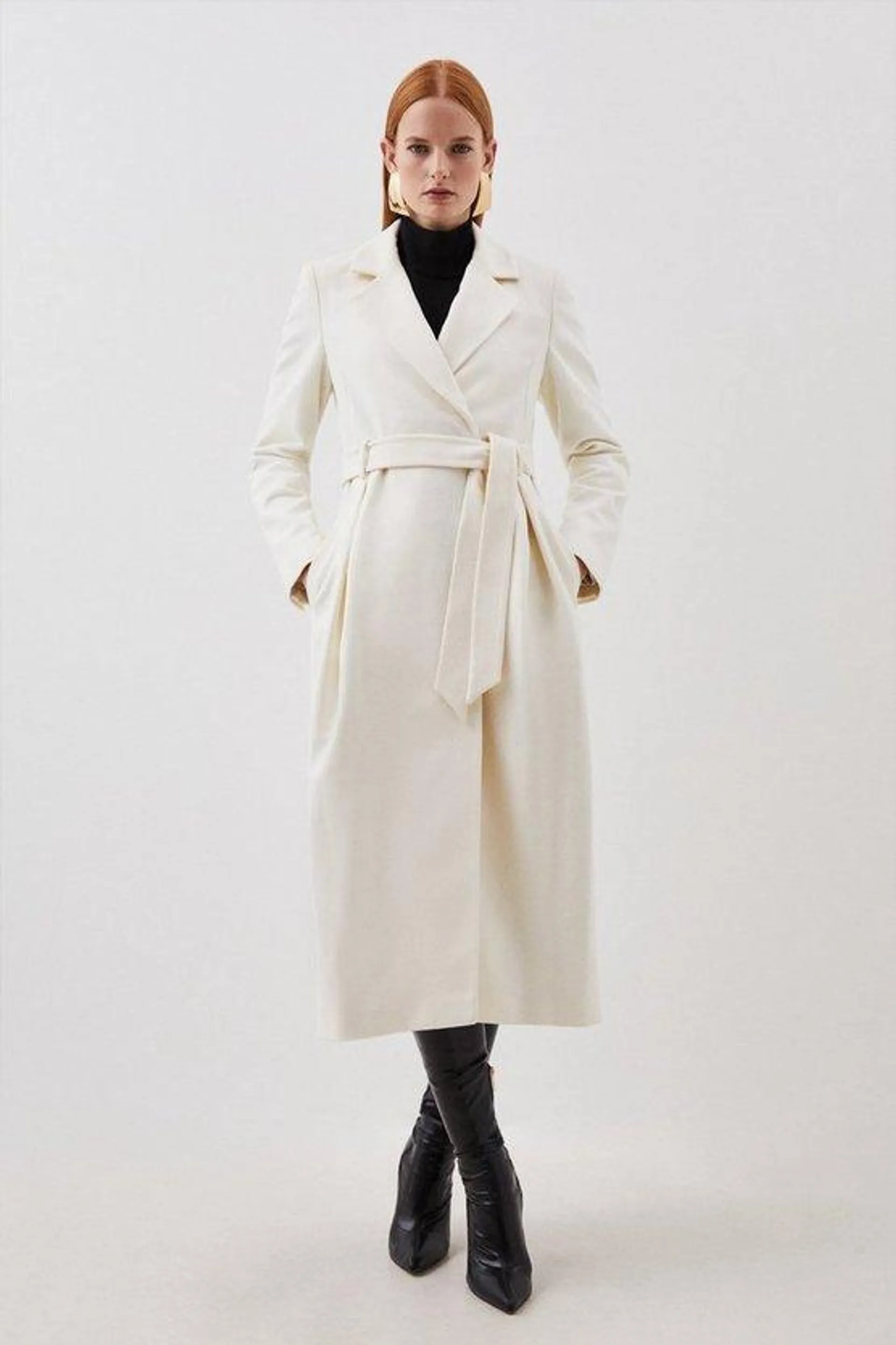 Italian Manteco Wool Wide Belted Pleat Detail Midi Coat