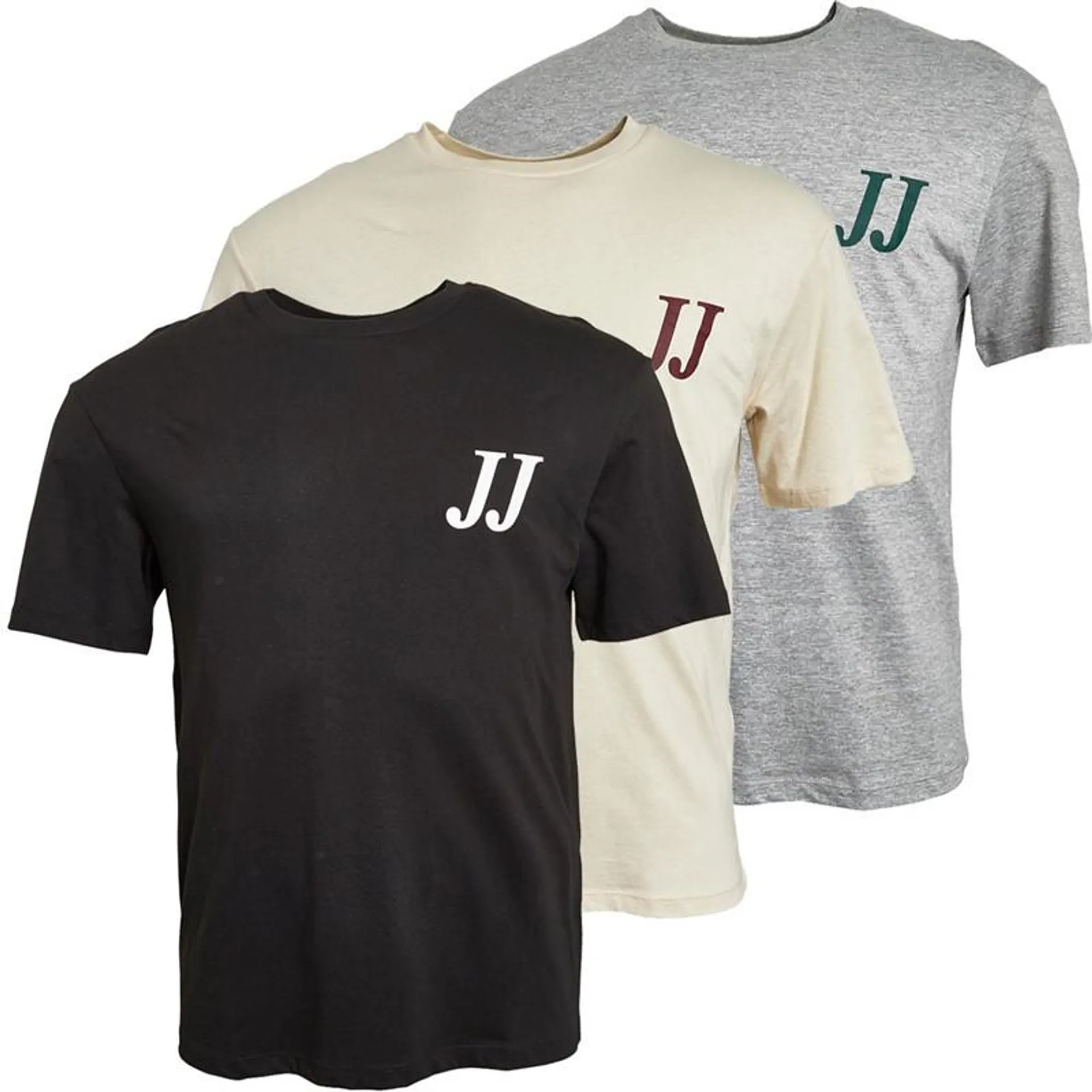 JACK AND JONES Mens Judge Three Pack T-Shirts Light Grey Melange/​Black/​Moonbeam