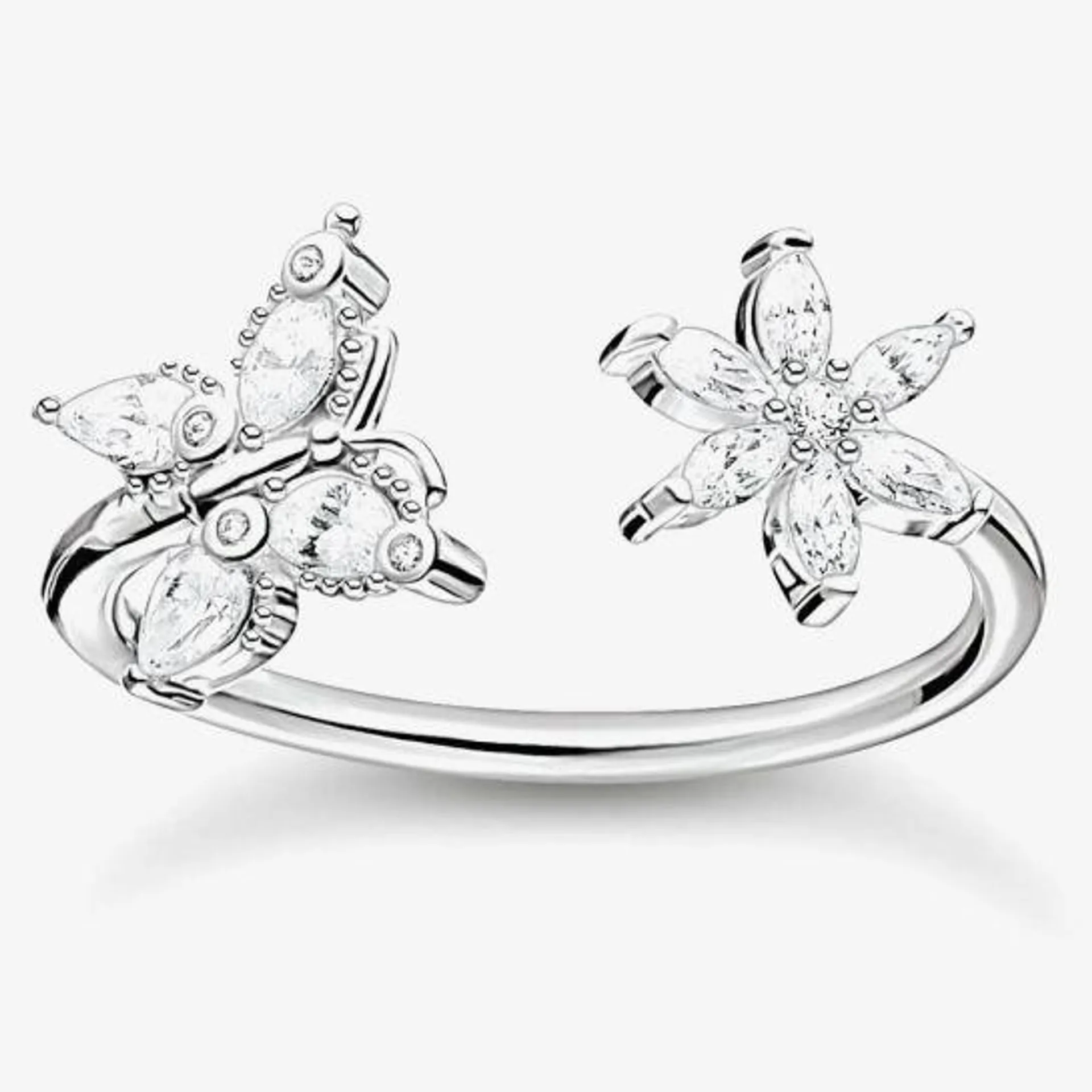 THOMAS SABO Sterling Silver Cubic Zirconia Butterfly & Flower Open Ring TR2355-051-14