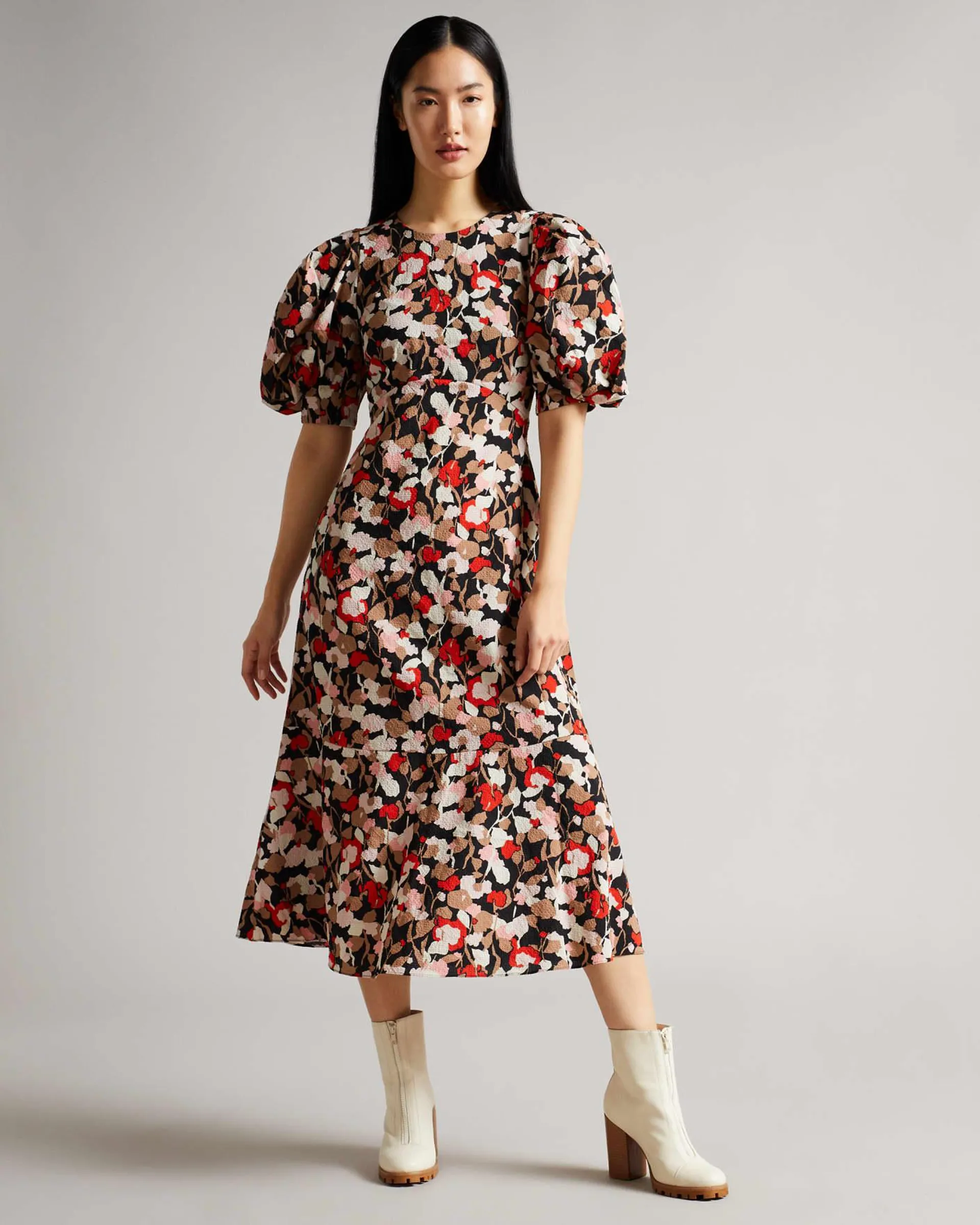 Printed Floral Seersucker Midi Dress