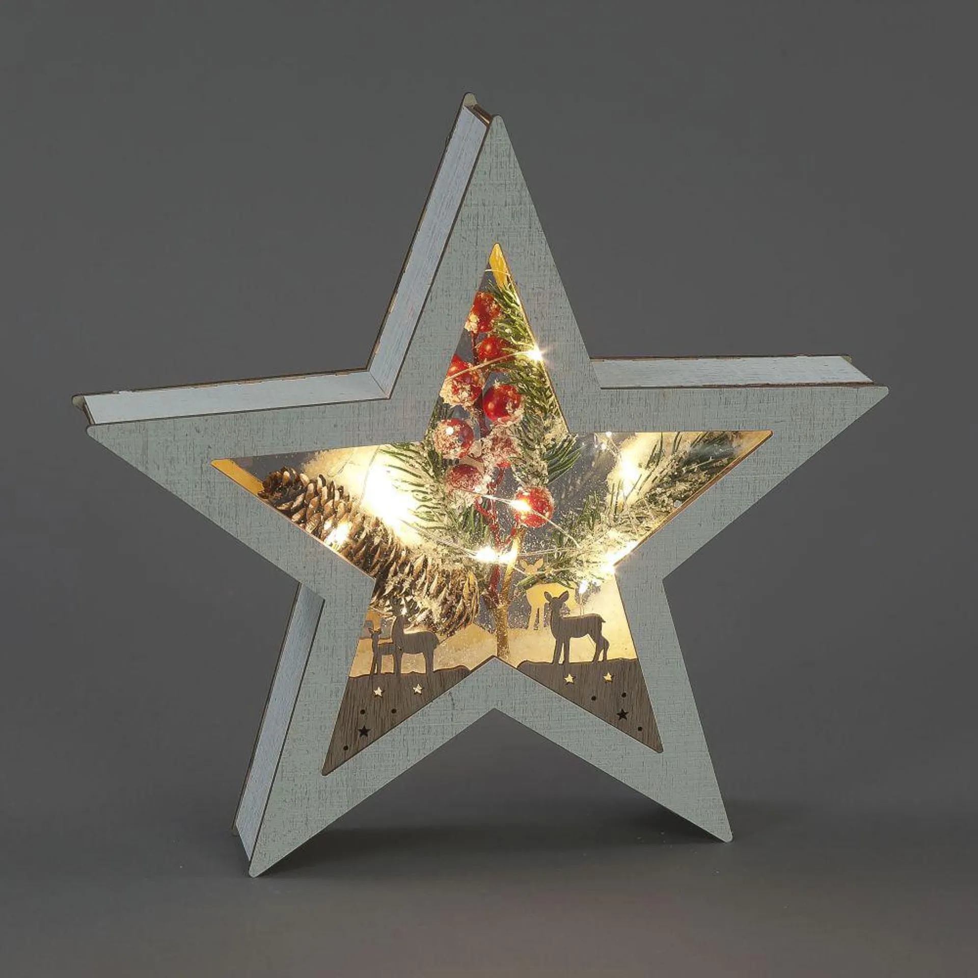 Battery Operated Wooden Christmas Star with Deer Scene (27cm)