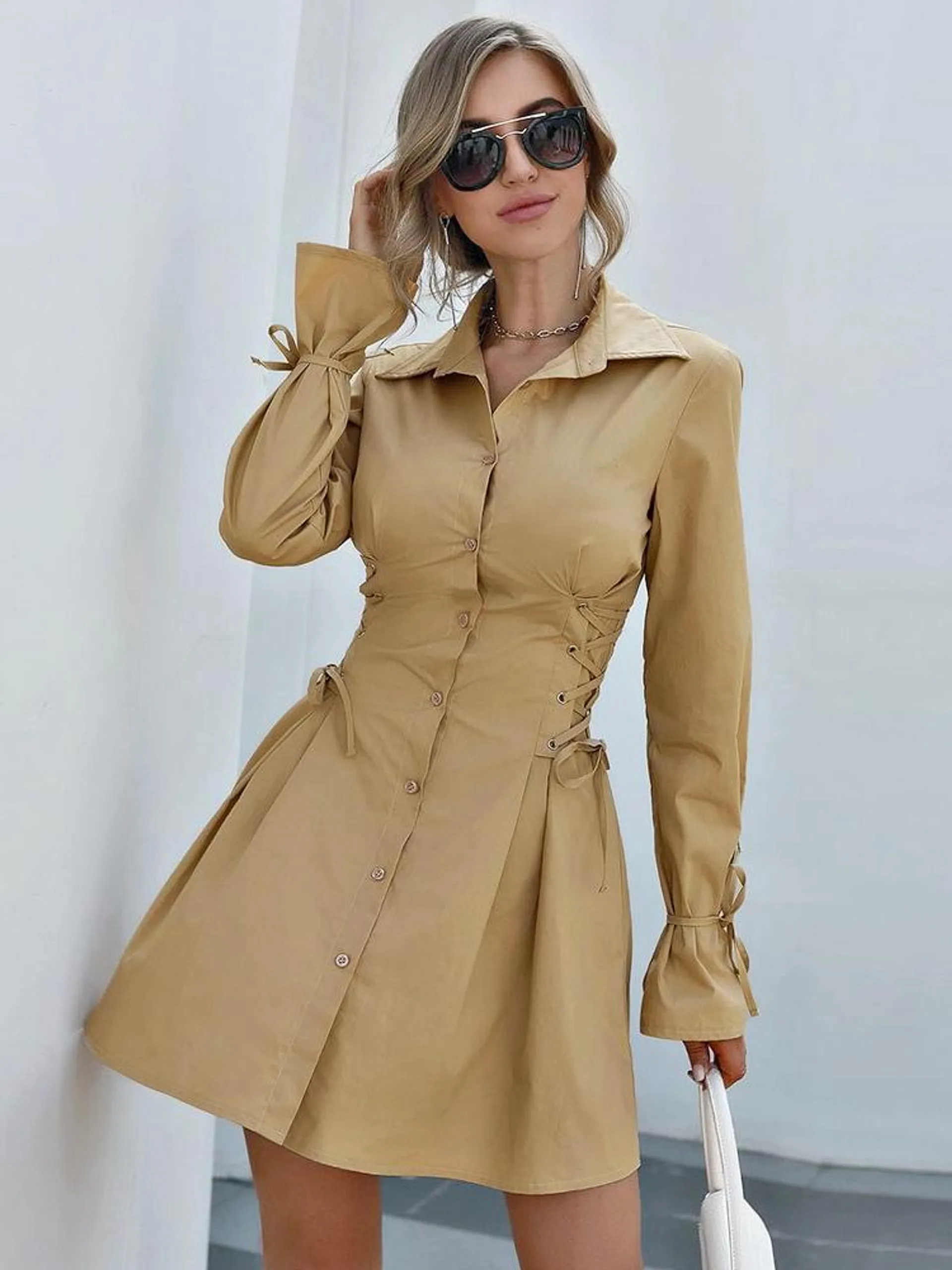 Shirt Dresses Champagne V-Neck Lace Up Long Sleeves Polyester Knotted Dresses Midi Dress