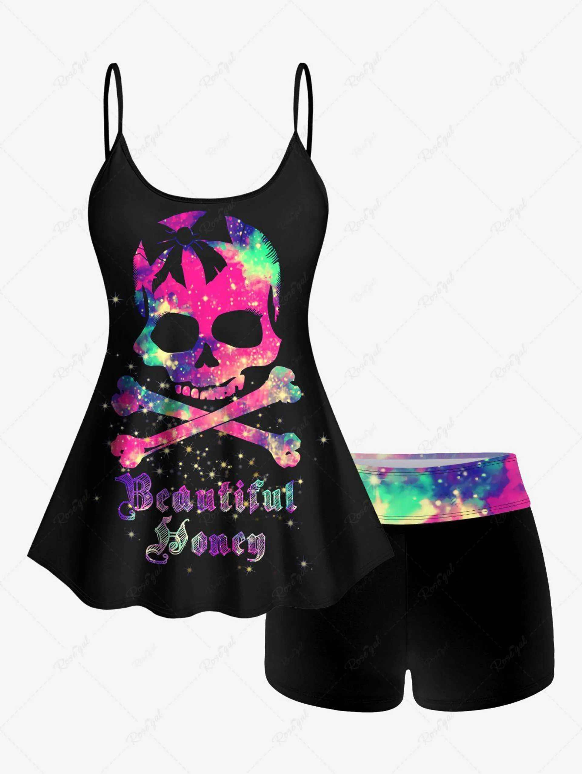 Plus Size Skull Glitter Print Boyshorts Tankini Swimsuit (Adjustable Shoulder Strap) - 4x