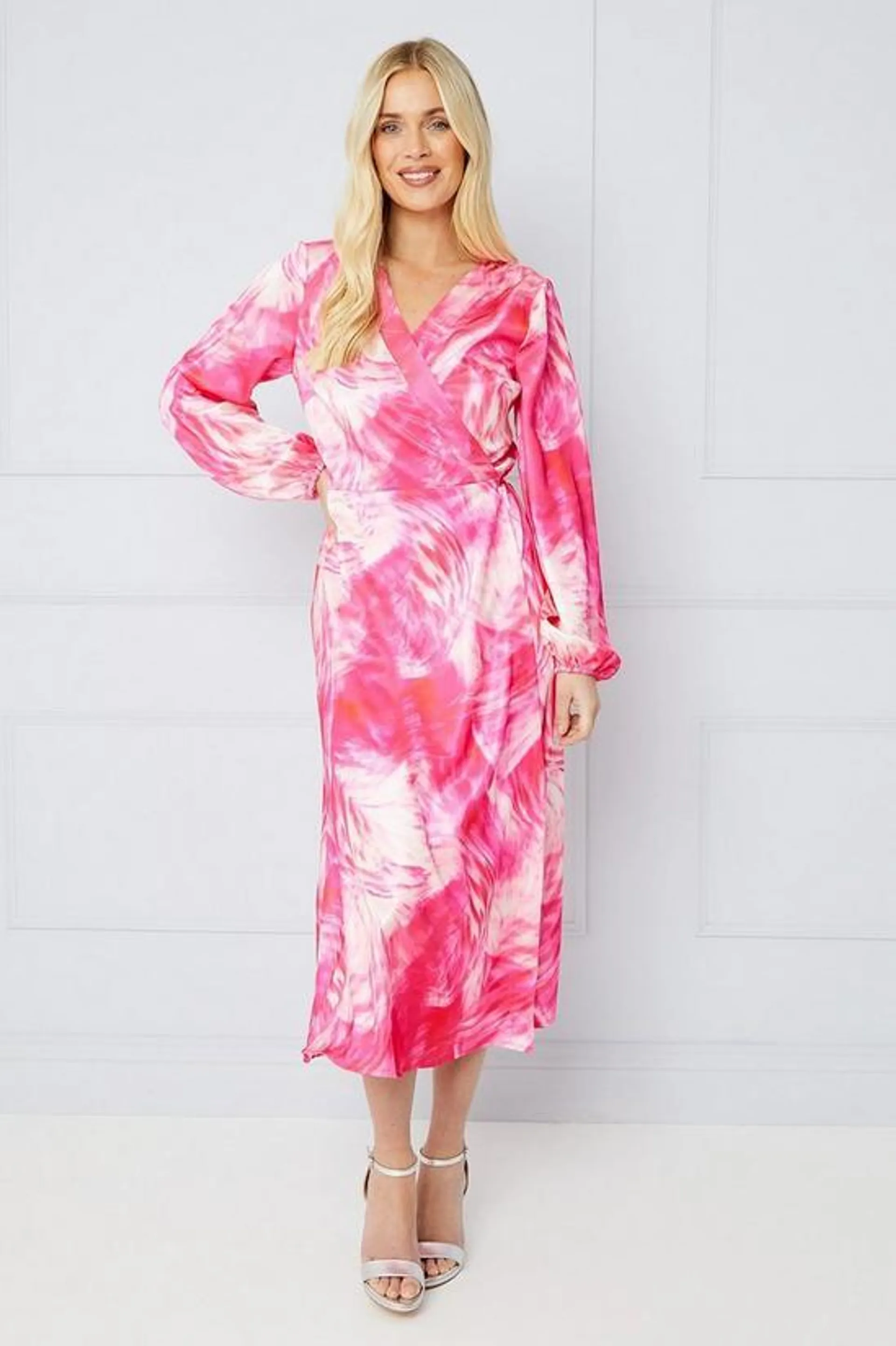 Petite Occasion Feather Print Satin Wrap Formal Midi Dress