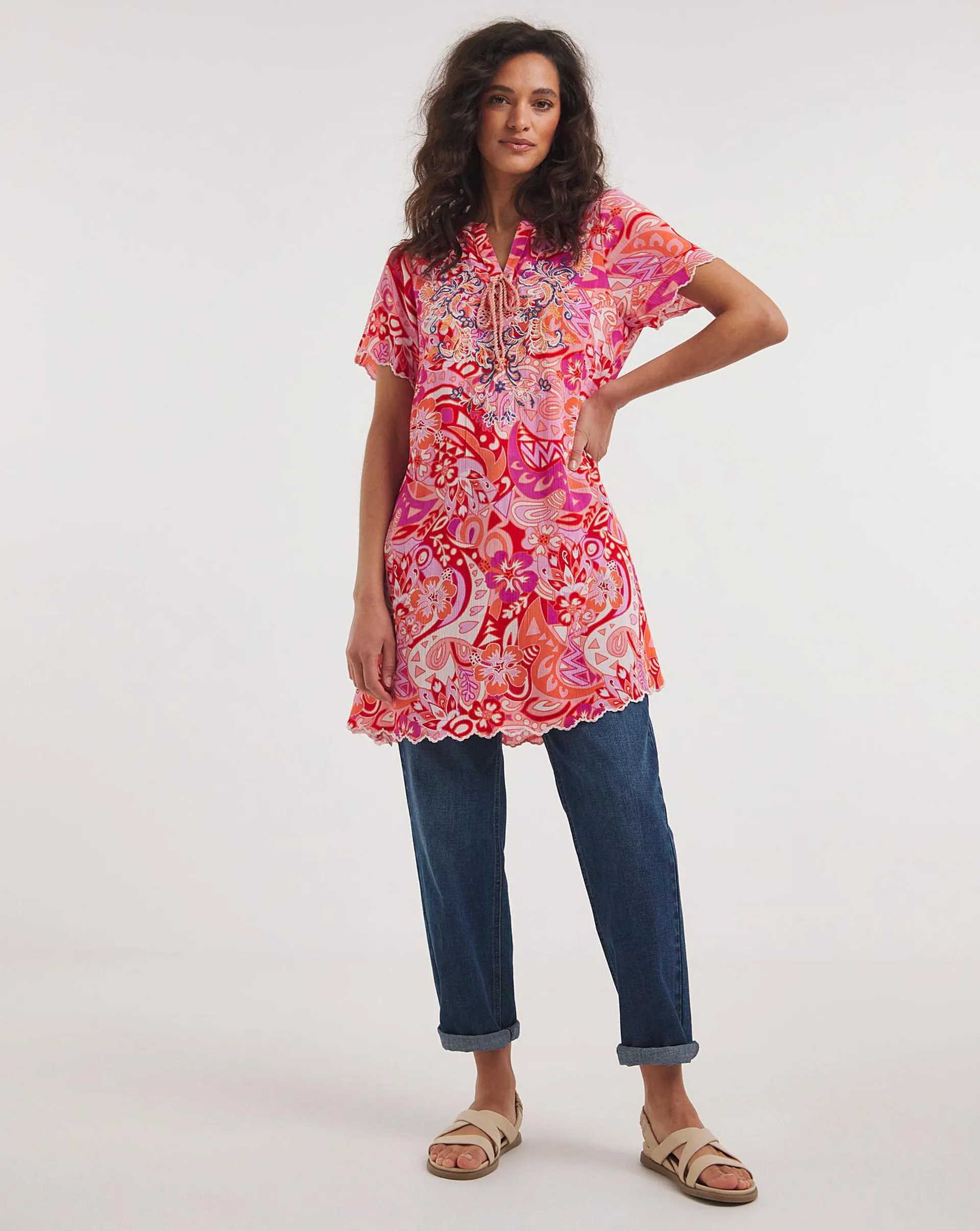 Joe Browns Scalloped Hem Embroidered Tie Boho Tunic