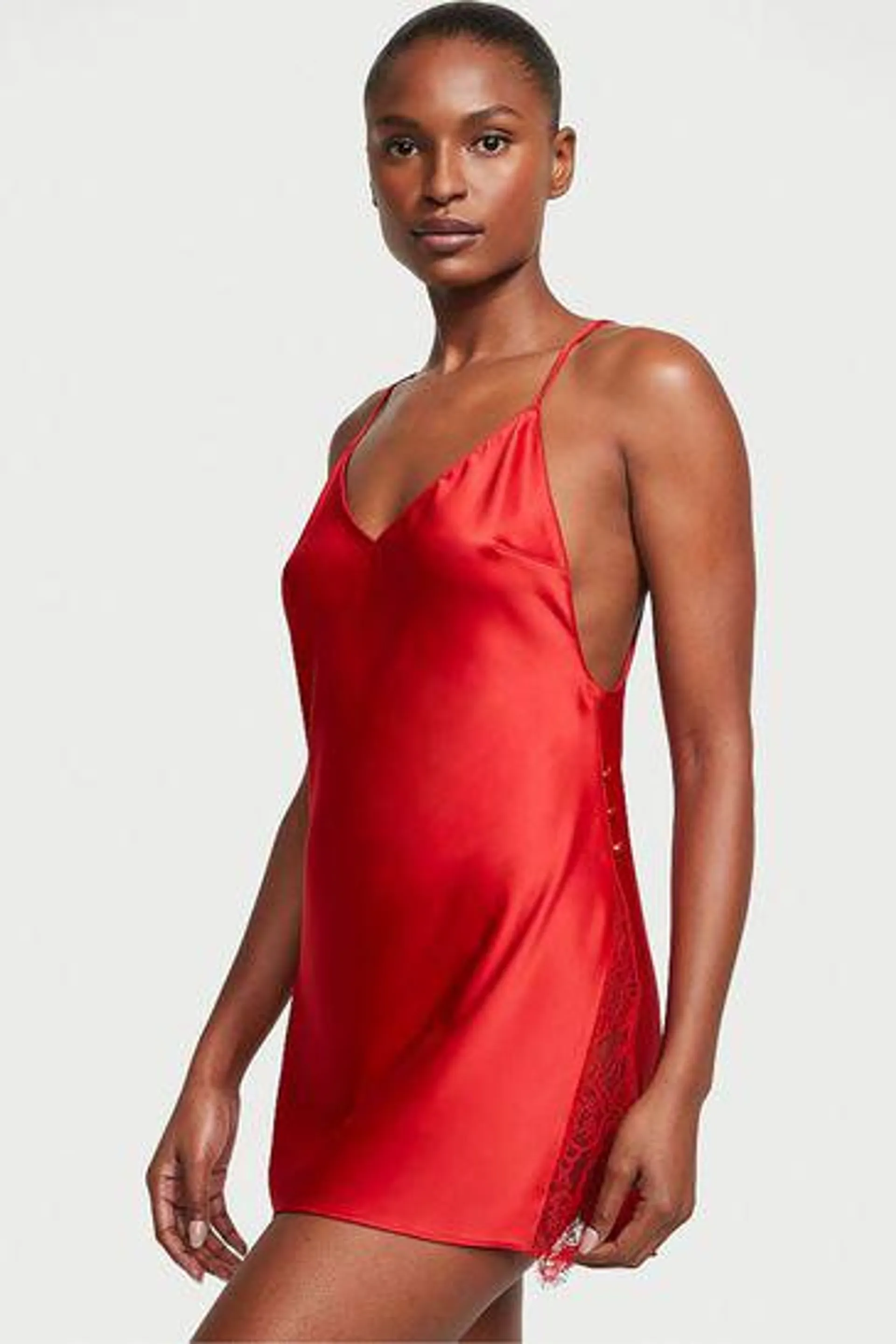 Satin Plunge Button Slip Dress