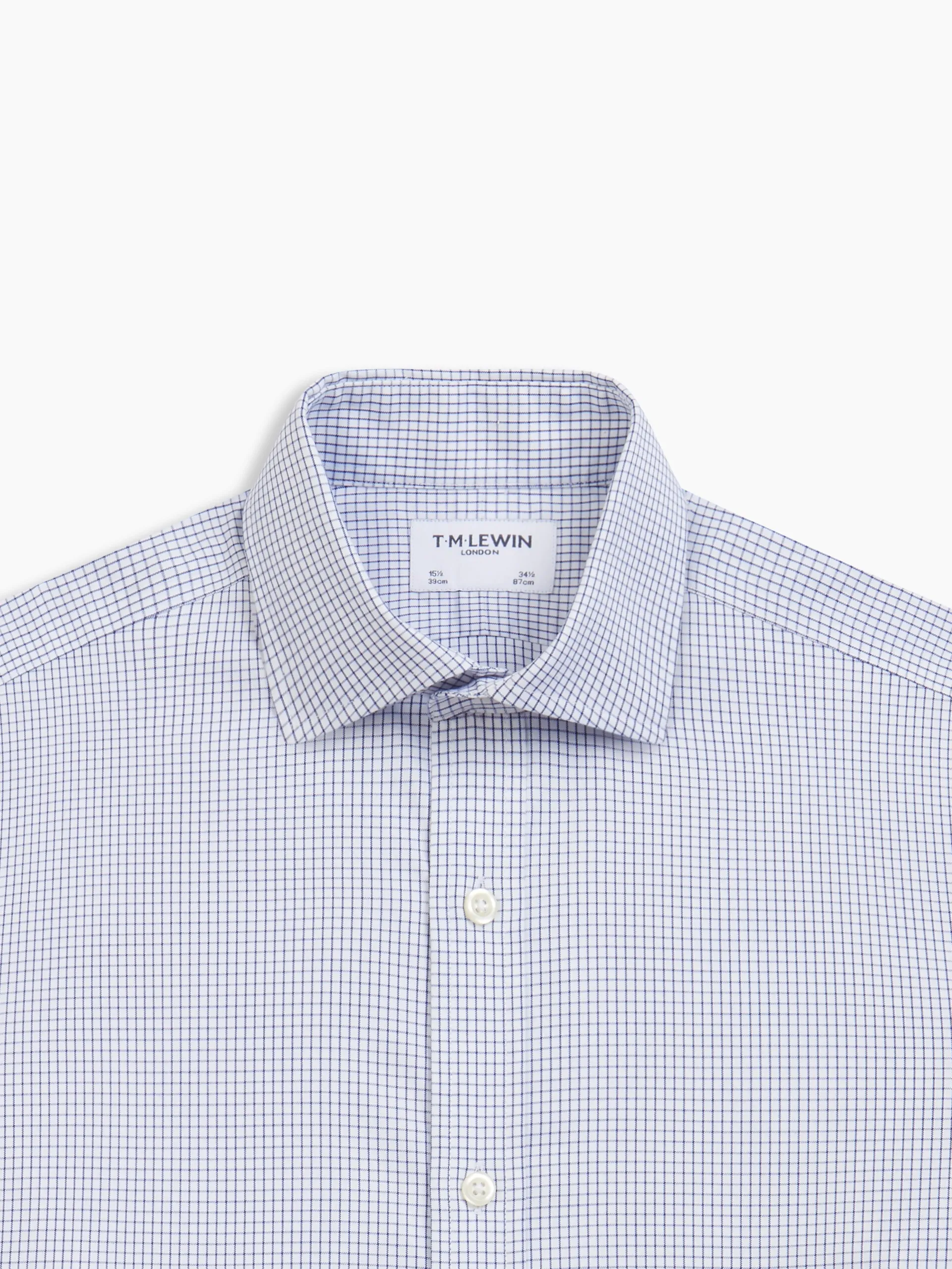 Non-Iron Slim Fit Navy Blue Zigzag Medium Check Dobby Classic Collar Single Cuff Shirt
