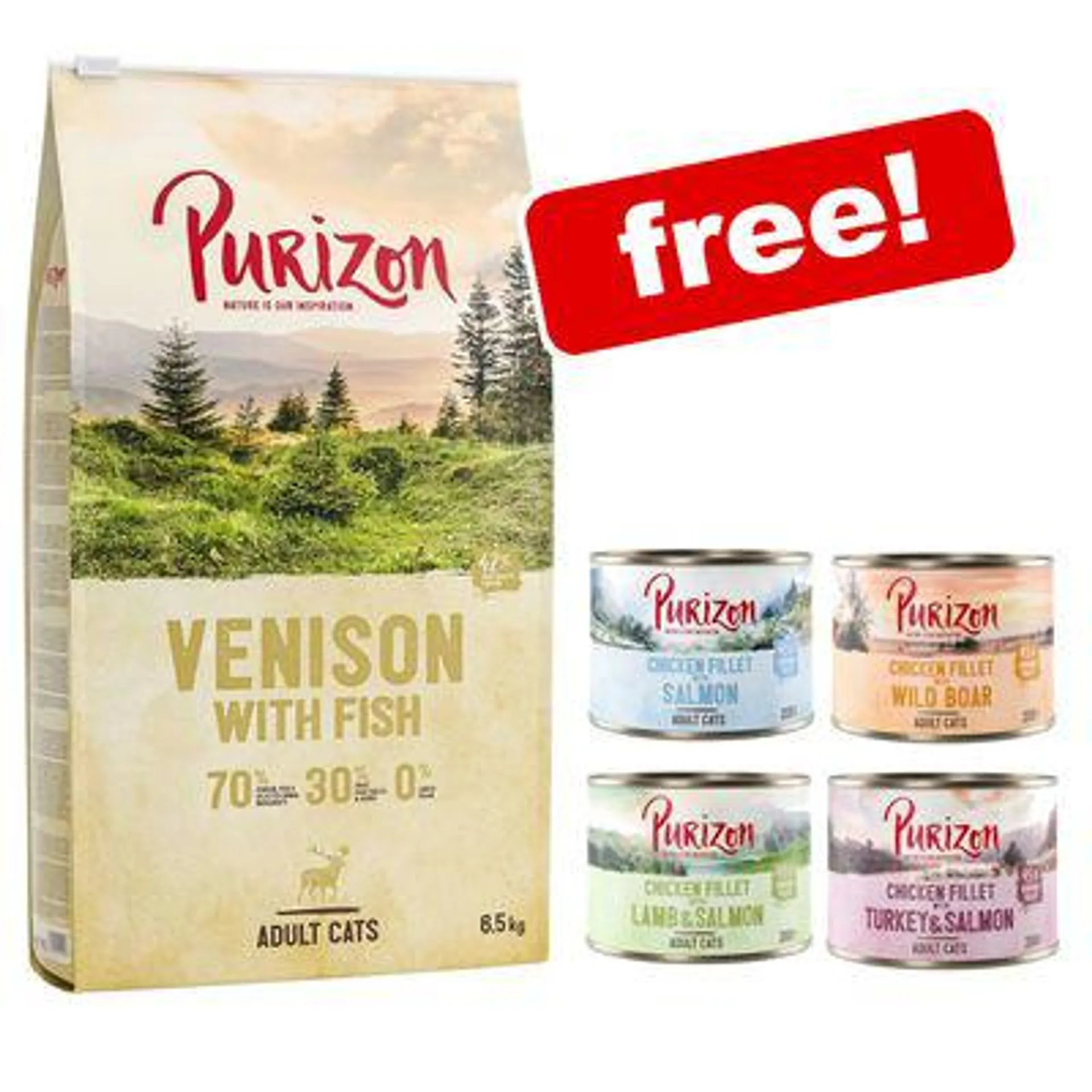 6.5kg Purizon Dry Cat Food + 6 x 200g Wet Cat Food Free!*