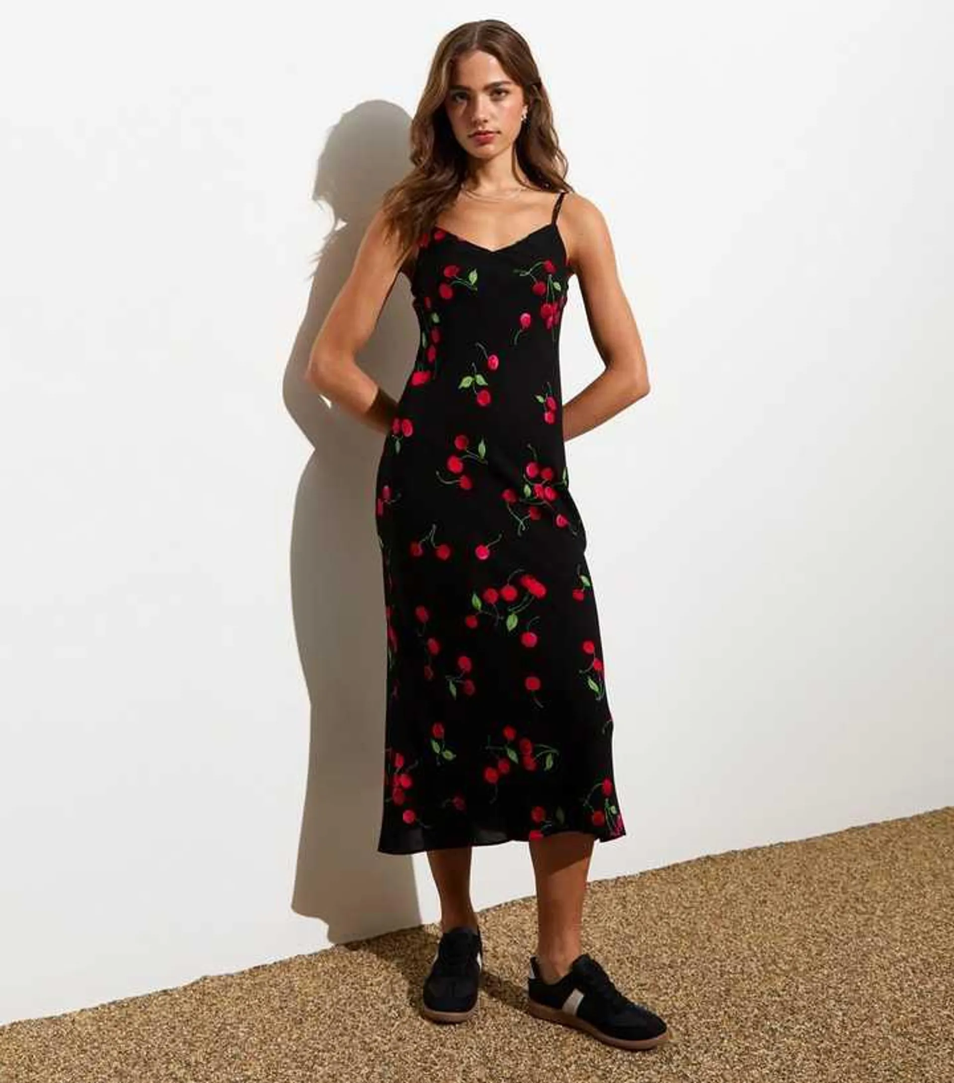 Black Strappy Cherry Print Midi Slip Dress