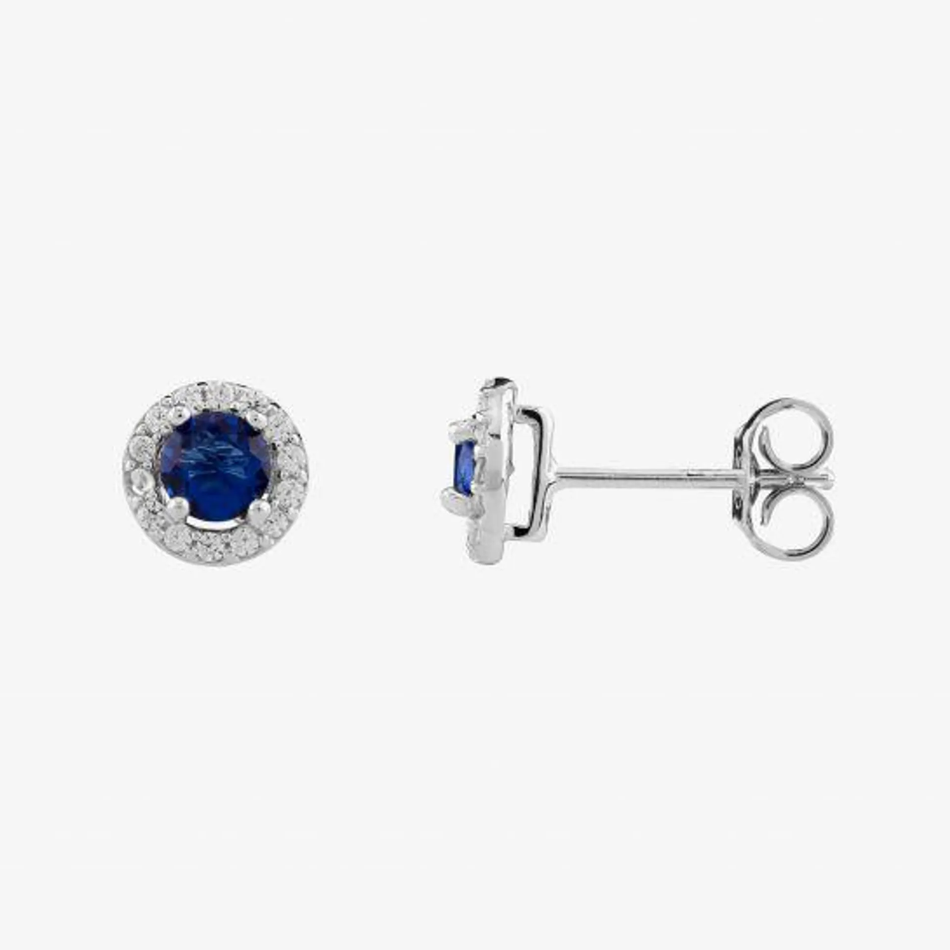 Silver Round Blue Cubic Zirconia Halo Stud Earrings