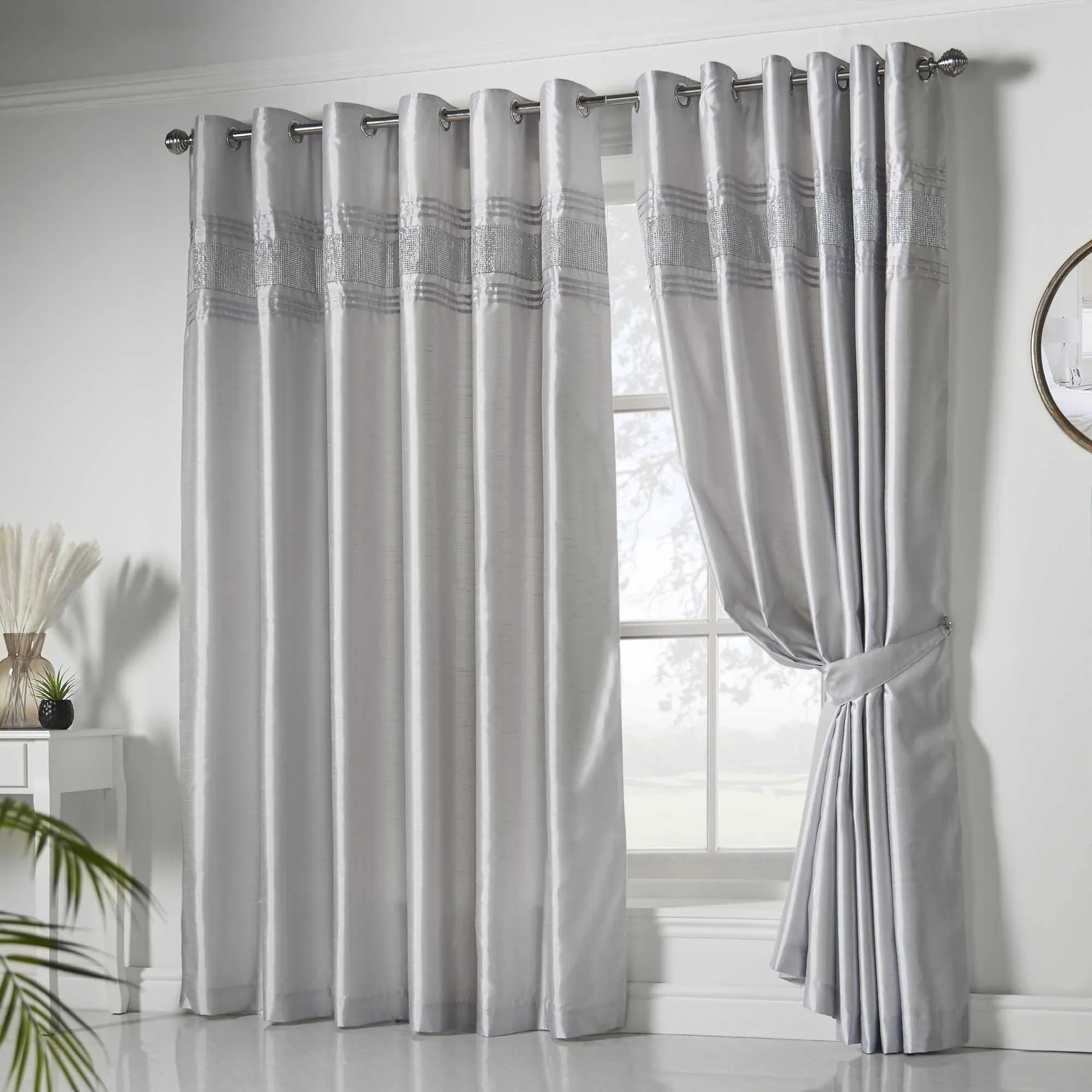 Cannes Eyelet Curtains - Faux Silk Pintuck Embellished -Silver