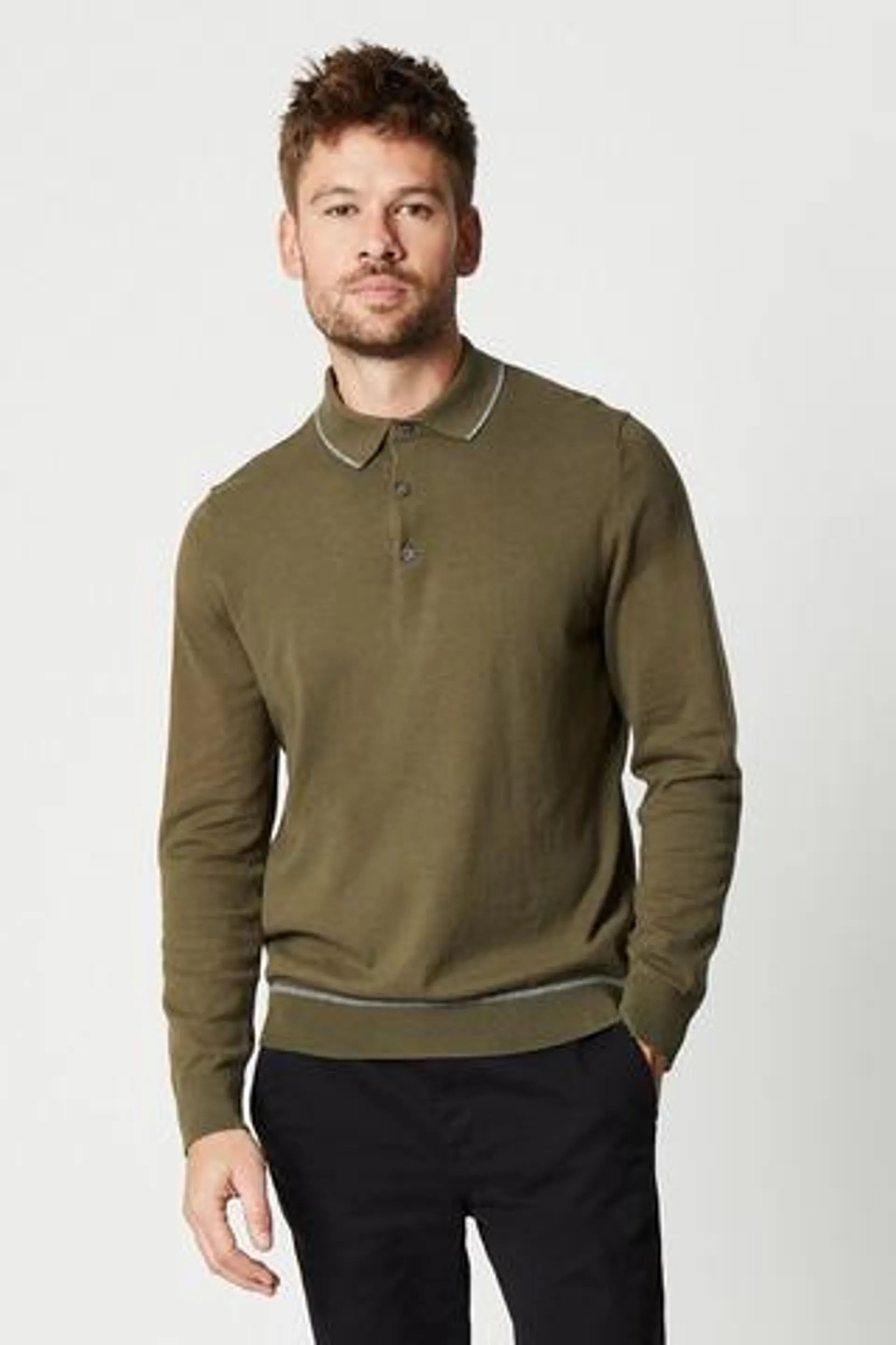 Cotton Rich Tipped Long Sleeve Knitted Polo