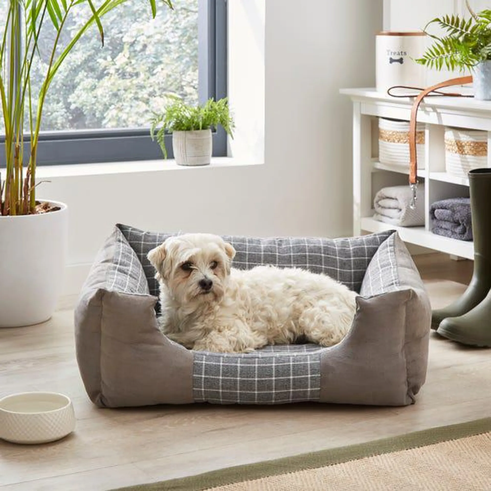 Grey Check Box Dog Bed