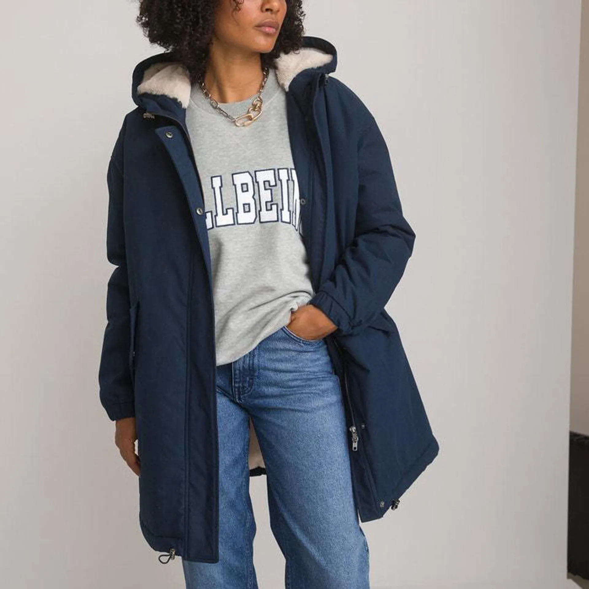 Hooded Mid-Length Parka in Cotton Mix