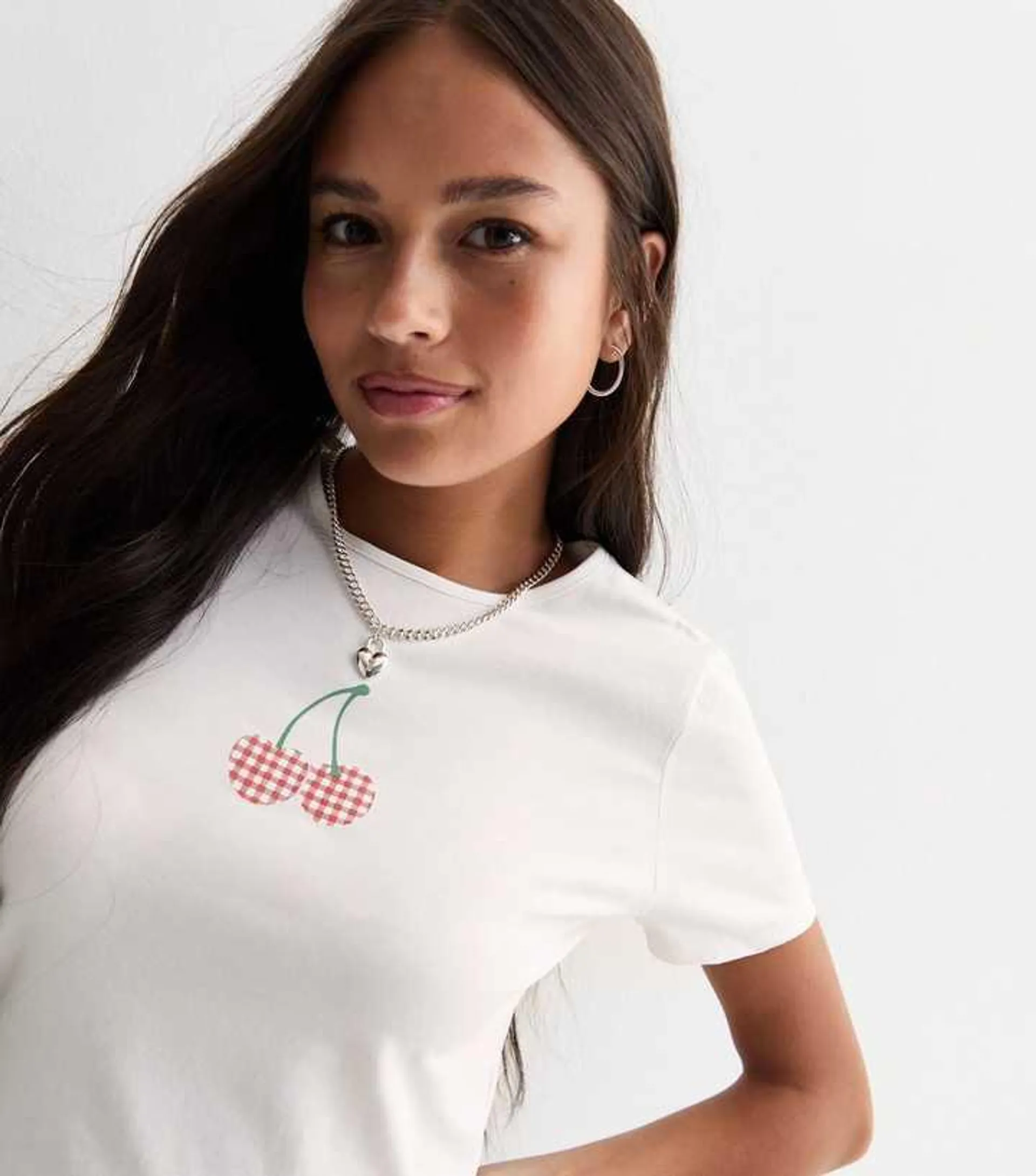 Girls White Cherry-Print Crop T-Shirt