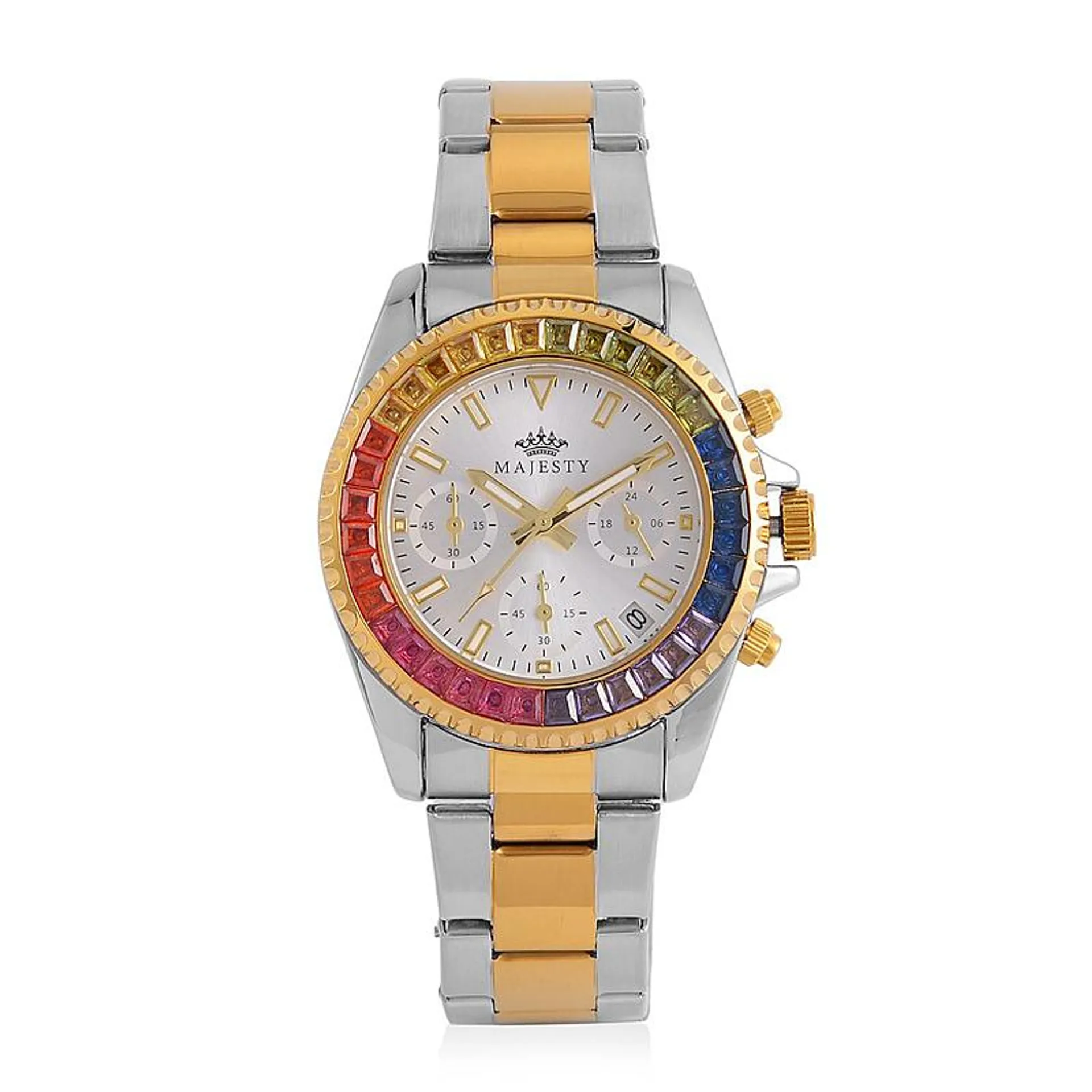 MAJESTY Limited Edition Multi-Function Multi Colour CZ White Dial 3 ATM Water Resistant Watch in Dual Tone With Gift Box