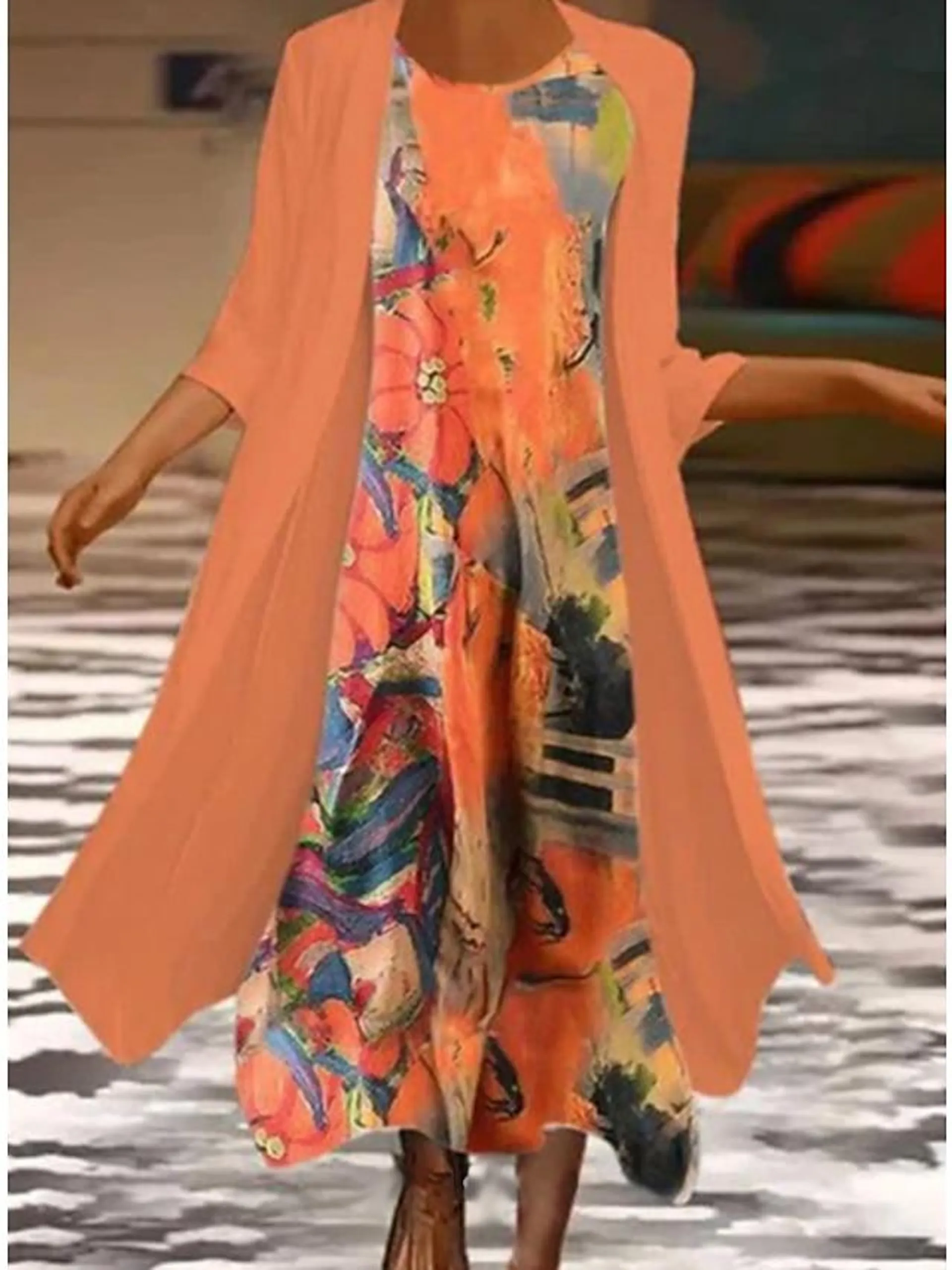 Women's Dress Set Two Piece Dress Church Dress Midi Dress Orange 3/4 Length Sleeve Floral Print Summer Spring Crew Neck Fashion 2023 S M L XL XXL 3XL