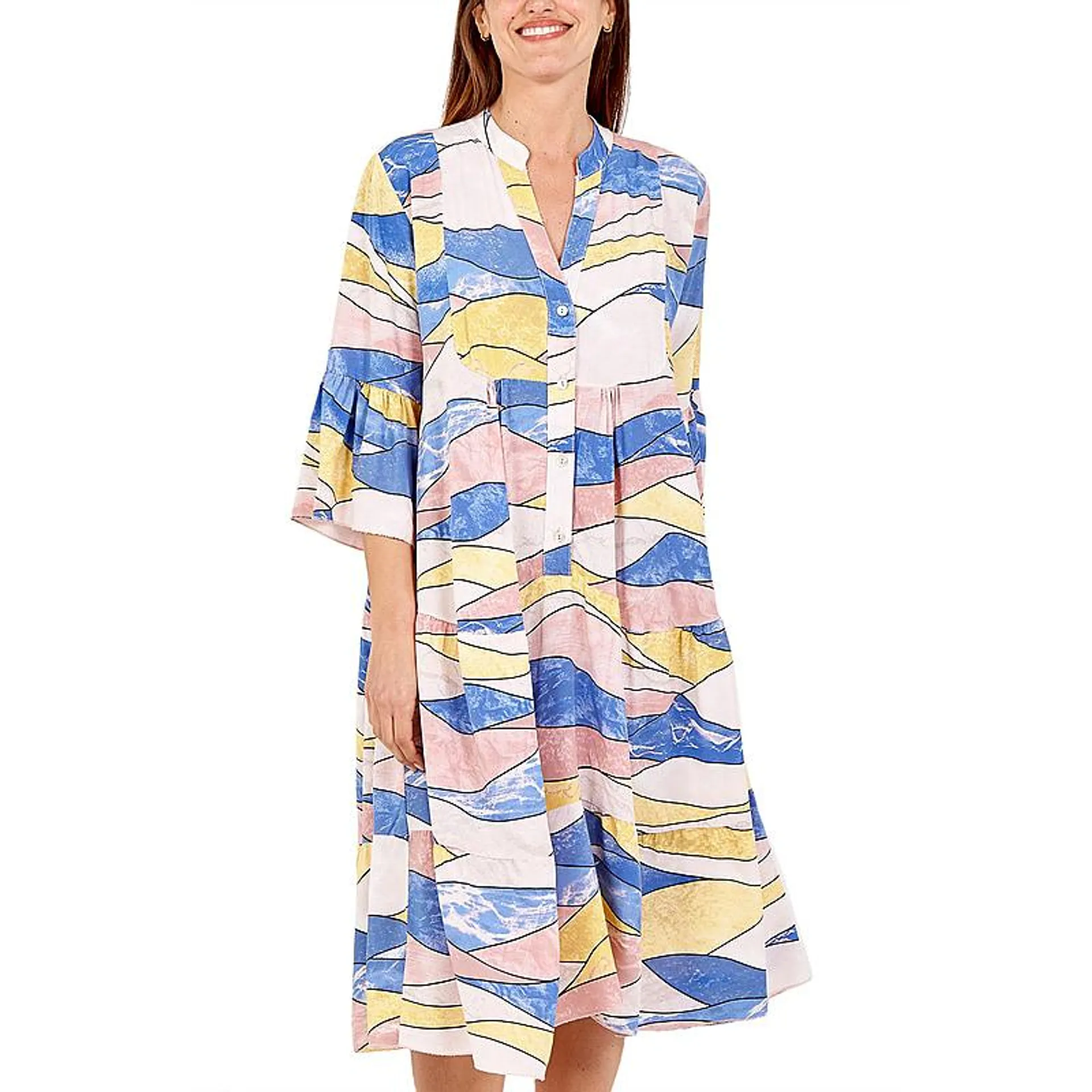 NOVA OF LONDON Abstract Print Smock Women's Midi Dress - Cream