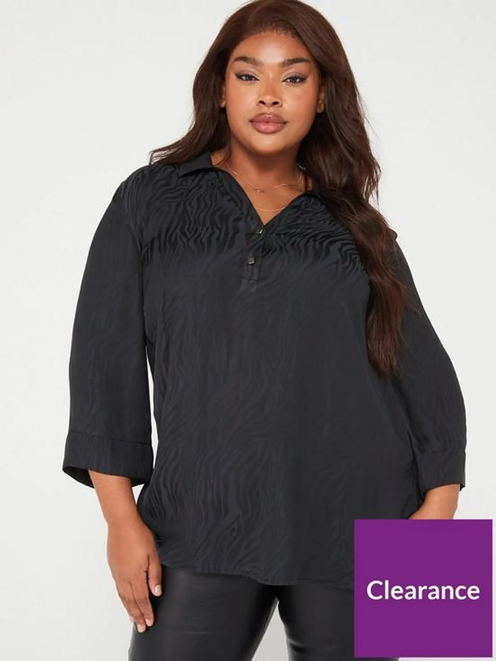 Collared Notch Kimono Sleeve Blouse - Black