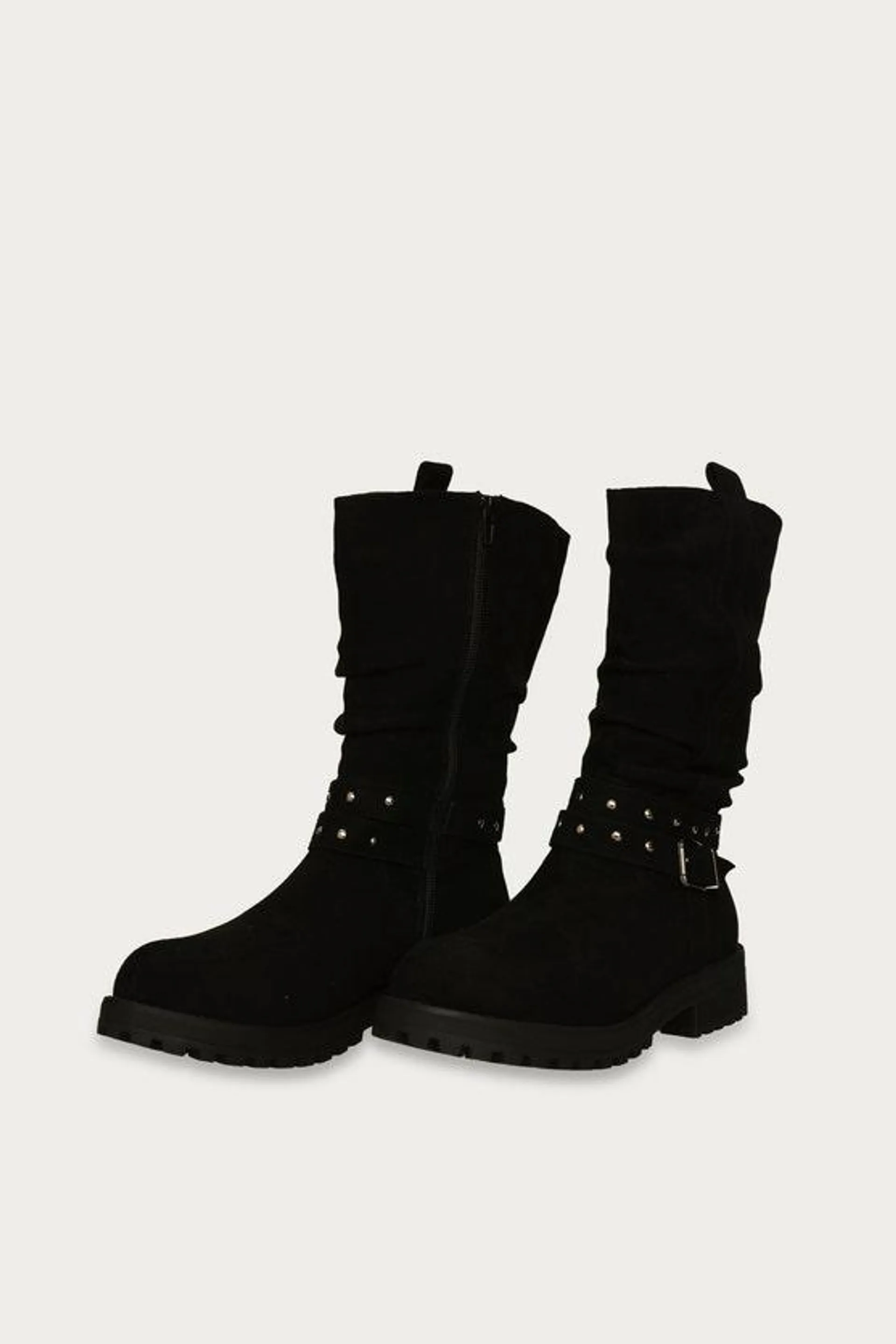 Black Ruched Buckle Mid Length Biker Boots