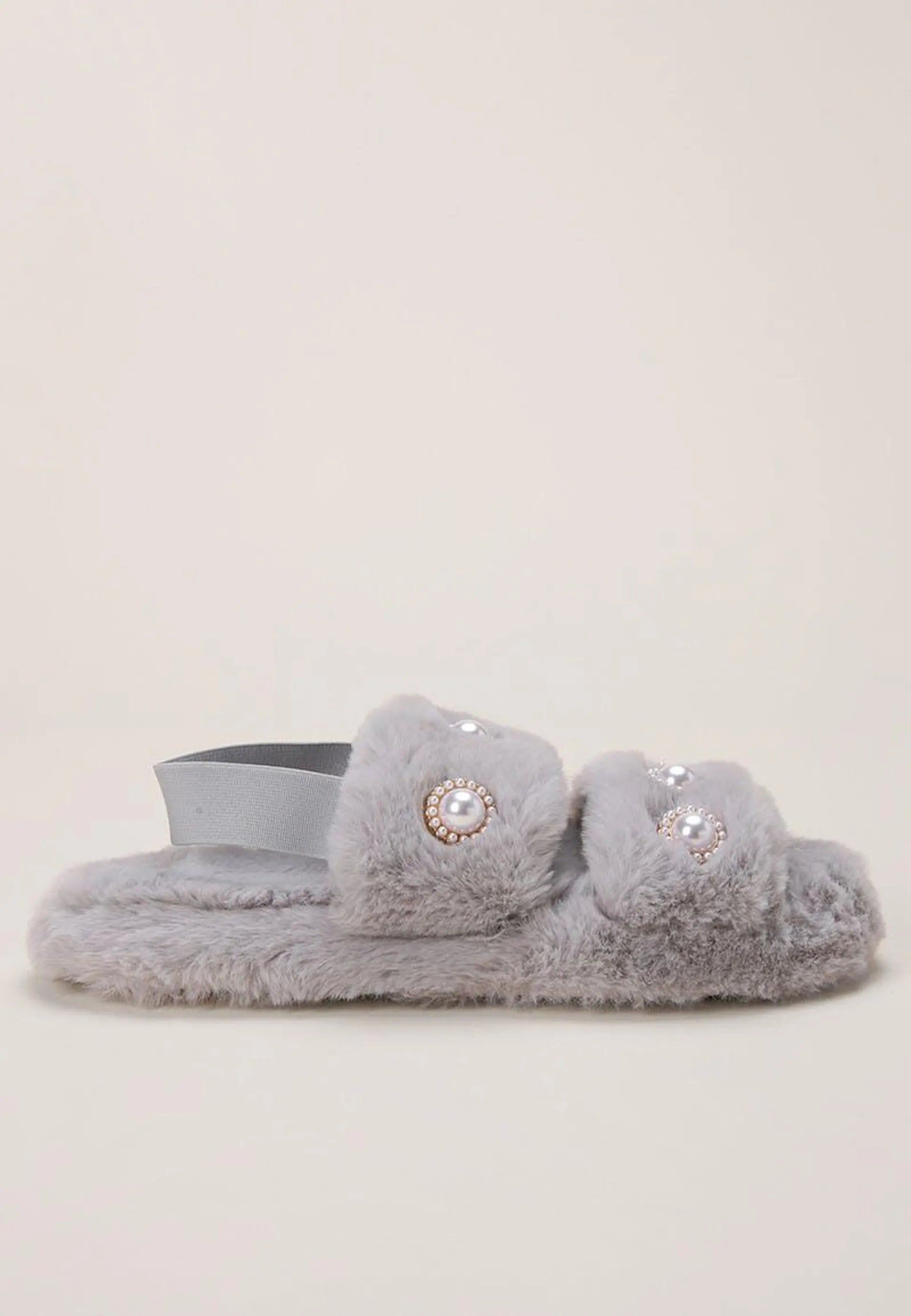 Womens Grey Faux Fur Embellished Slippers