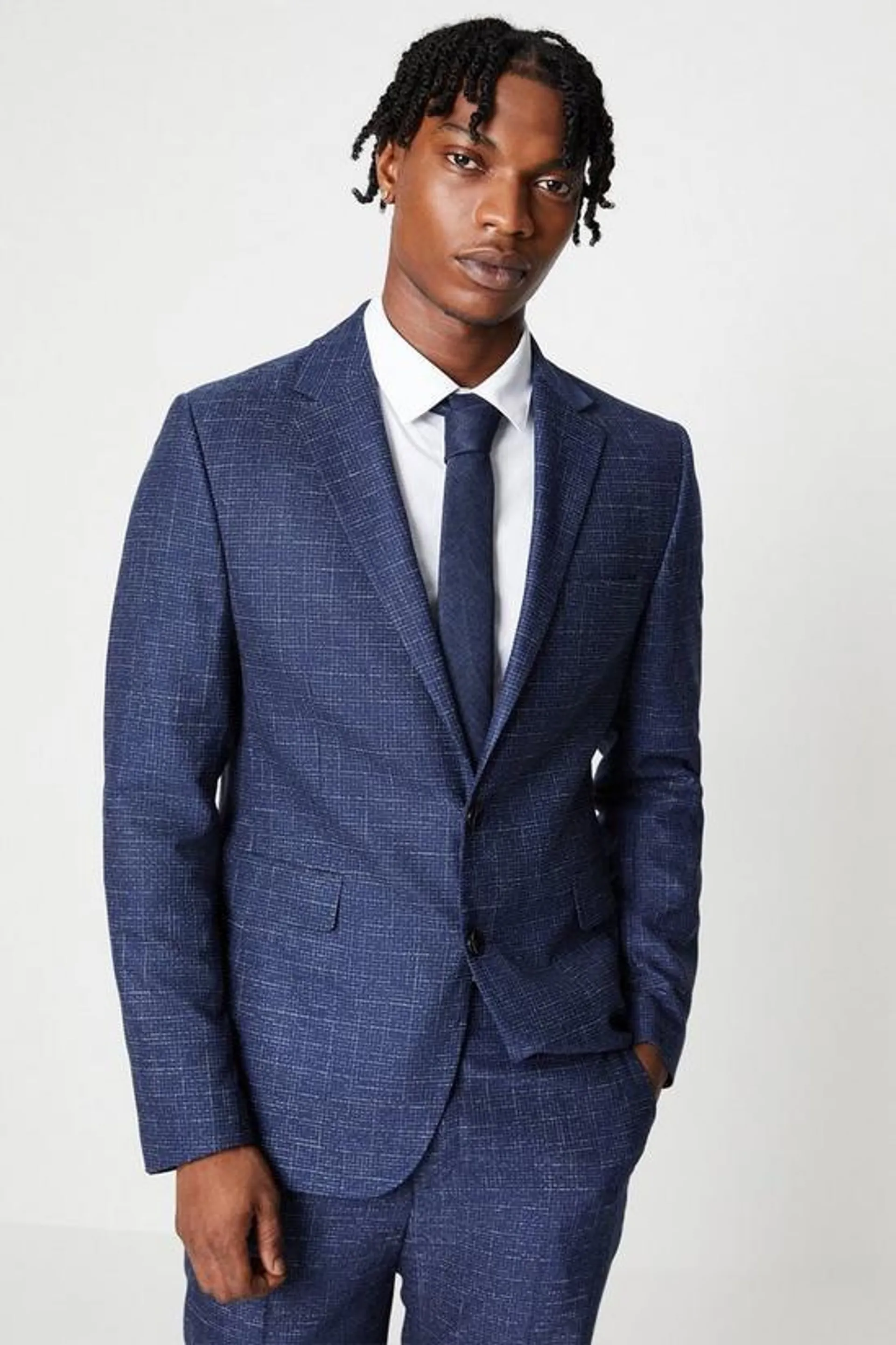 Navy Textured Grid Suit Jacket