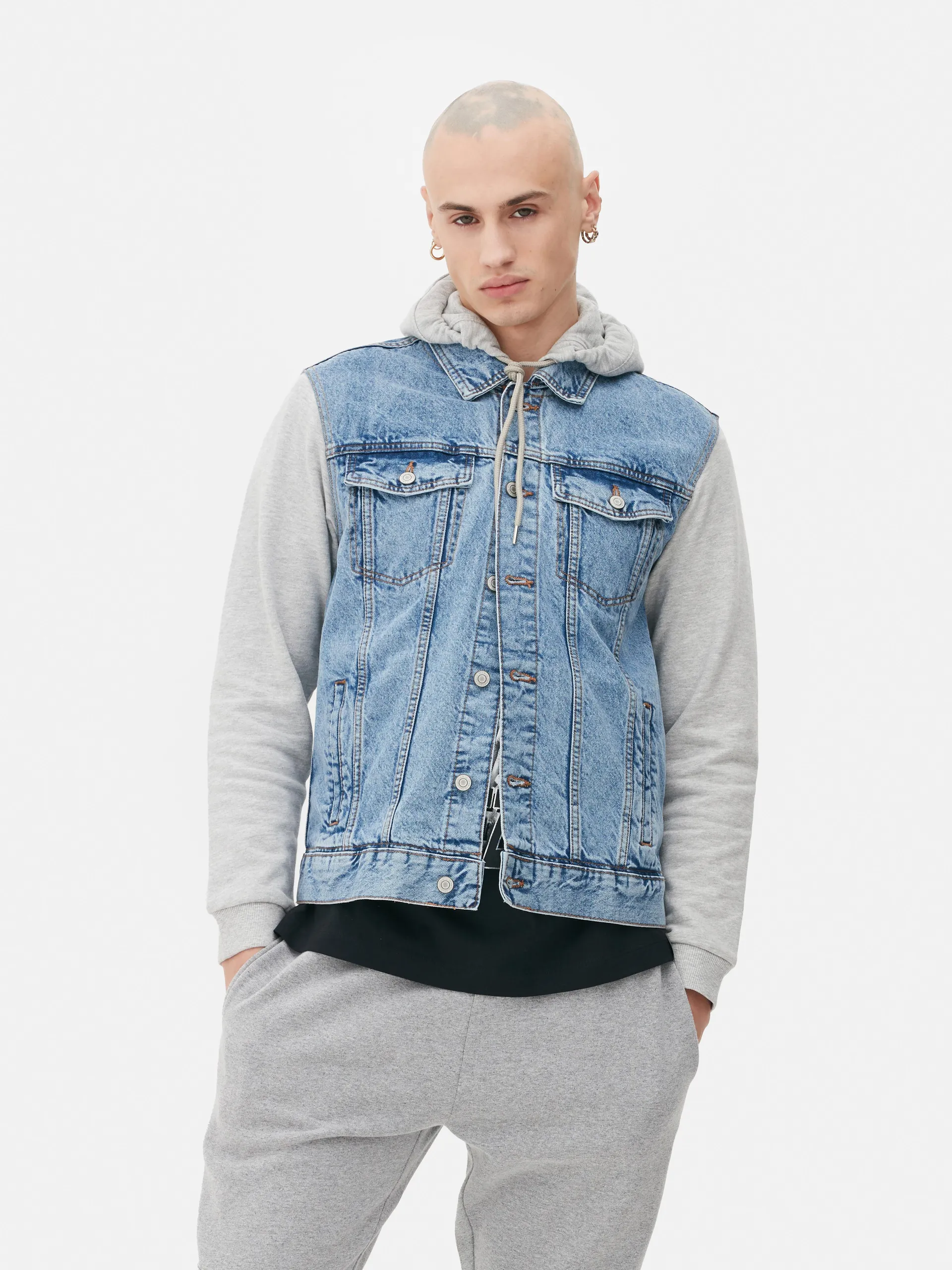 Jersey Sleeve Hooded Denim Jacket