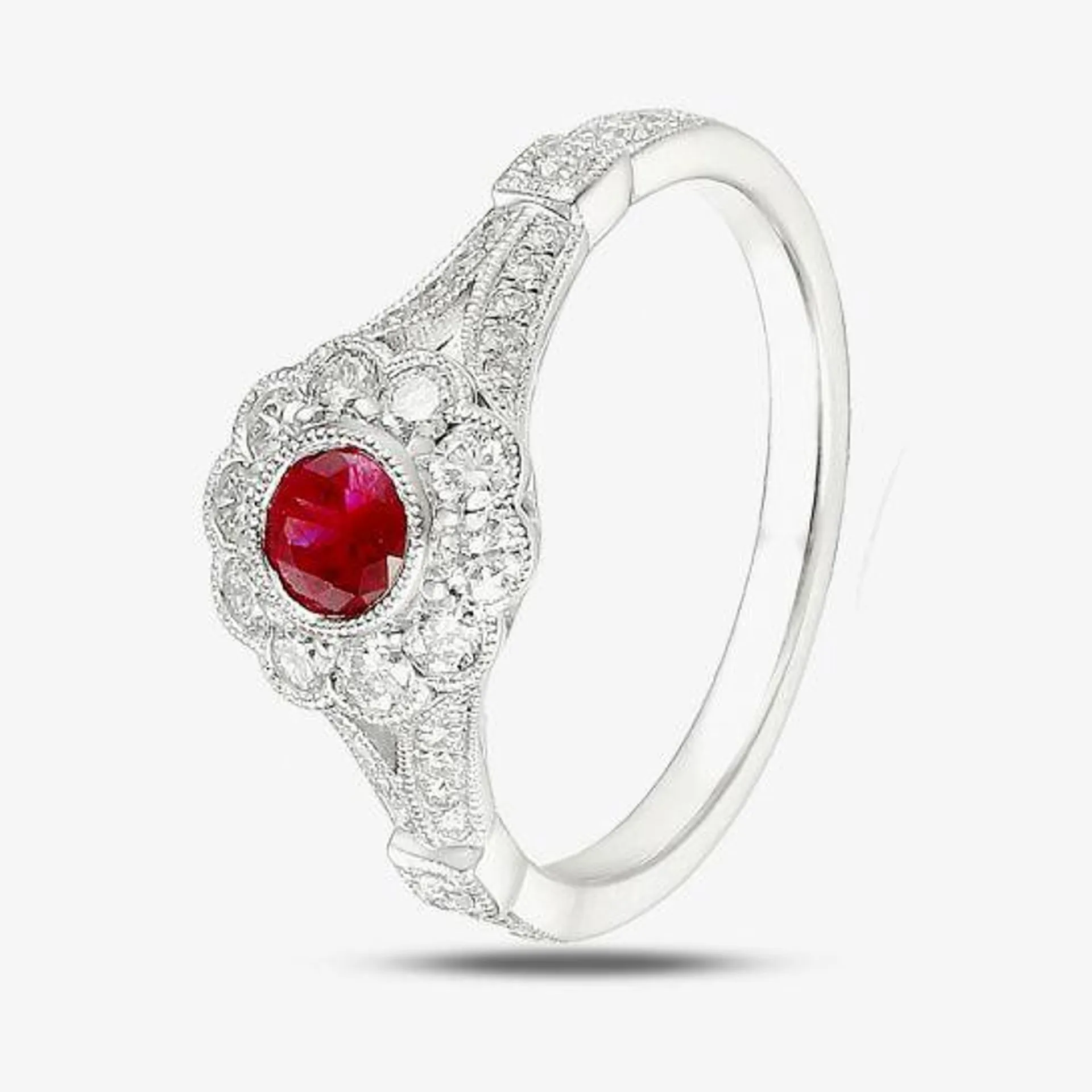 18ct White Gold Oval Ruby and Diamond Shouldered Vintage Cluster Ring