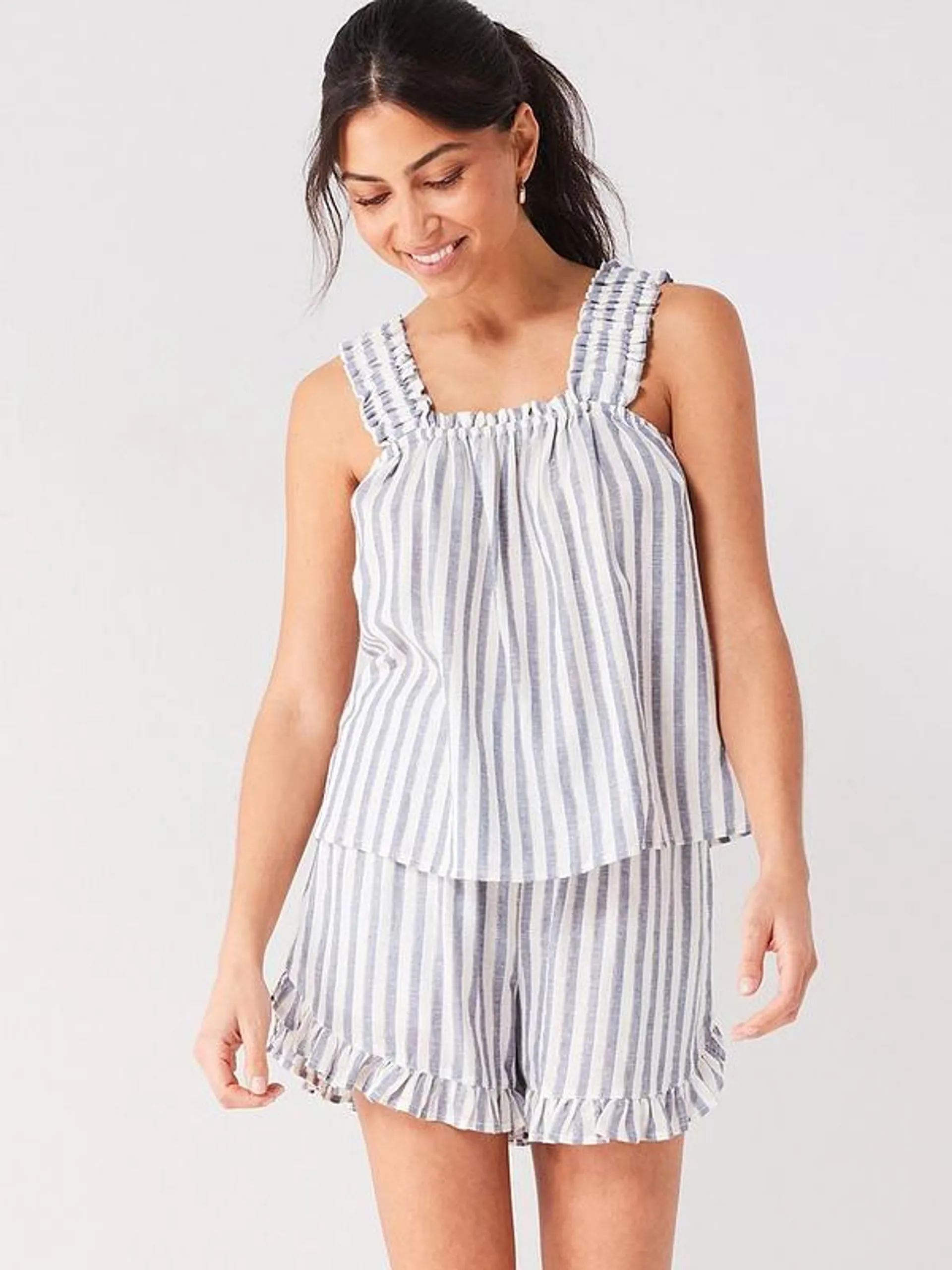 Frill Sleeve Lurex Detail Short PJ Set - Blue